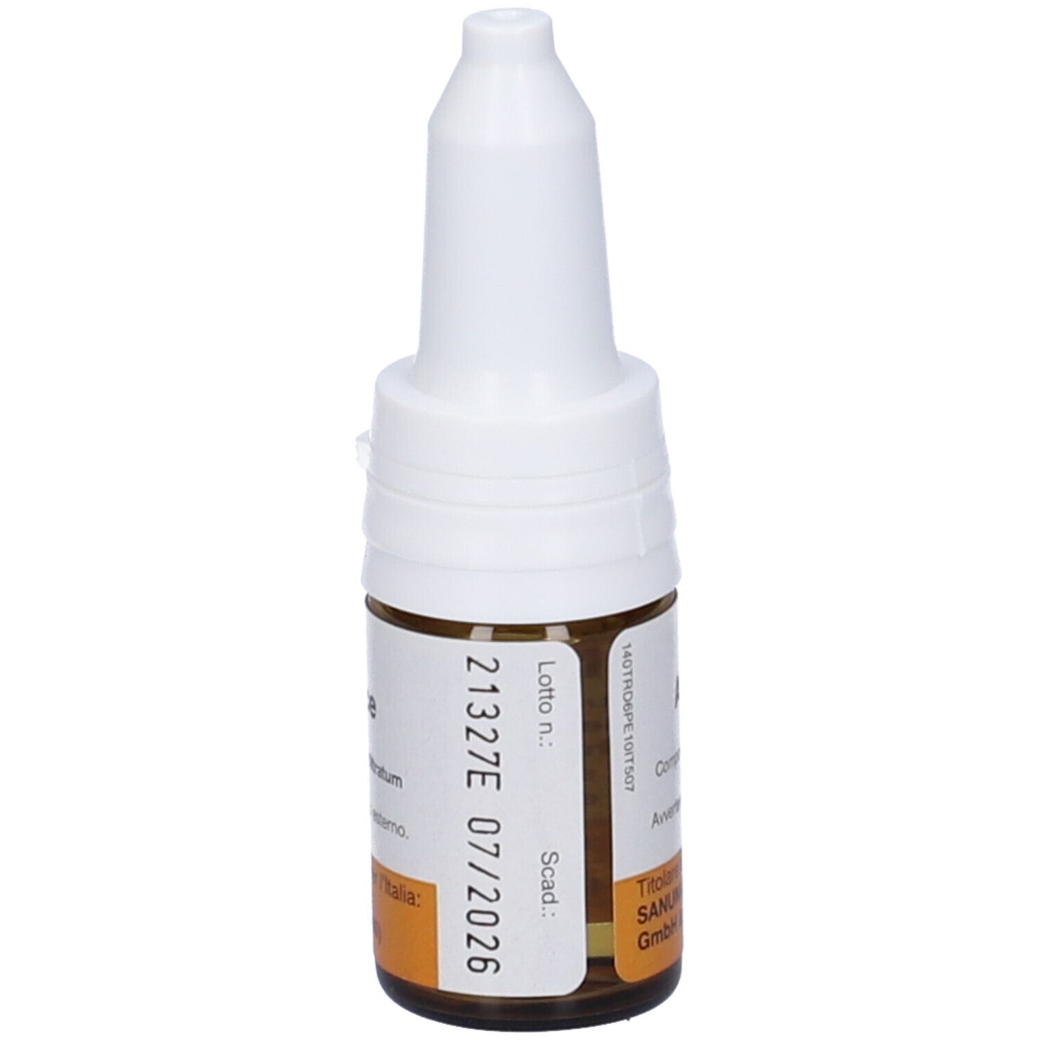 Flacone di vetro marrone con contagocce bianco. Etichetta con testo. Numero di lotto e scadenza: 07/2026.
