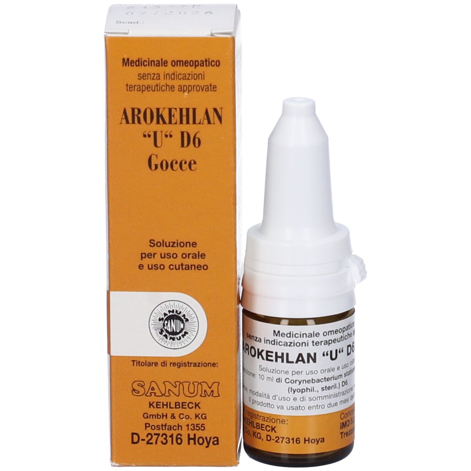 Flacone e scatola. Flacone: vetro marrone con contagocce bianco. Scatola: arancione, testo: Arokehlan U D6 Gocce.