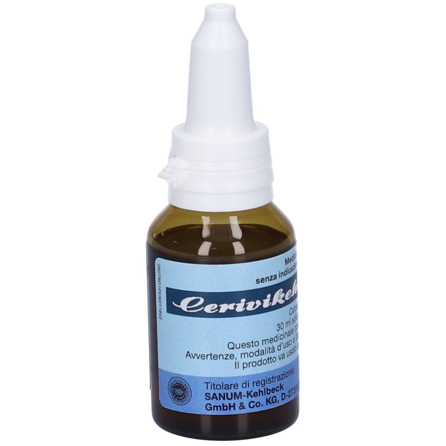 Flacone di vetro marrone con contagocce bianco. Etichette blu con testo. Il nome del prodotto Cerivikehl è visibile.