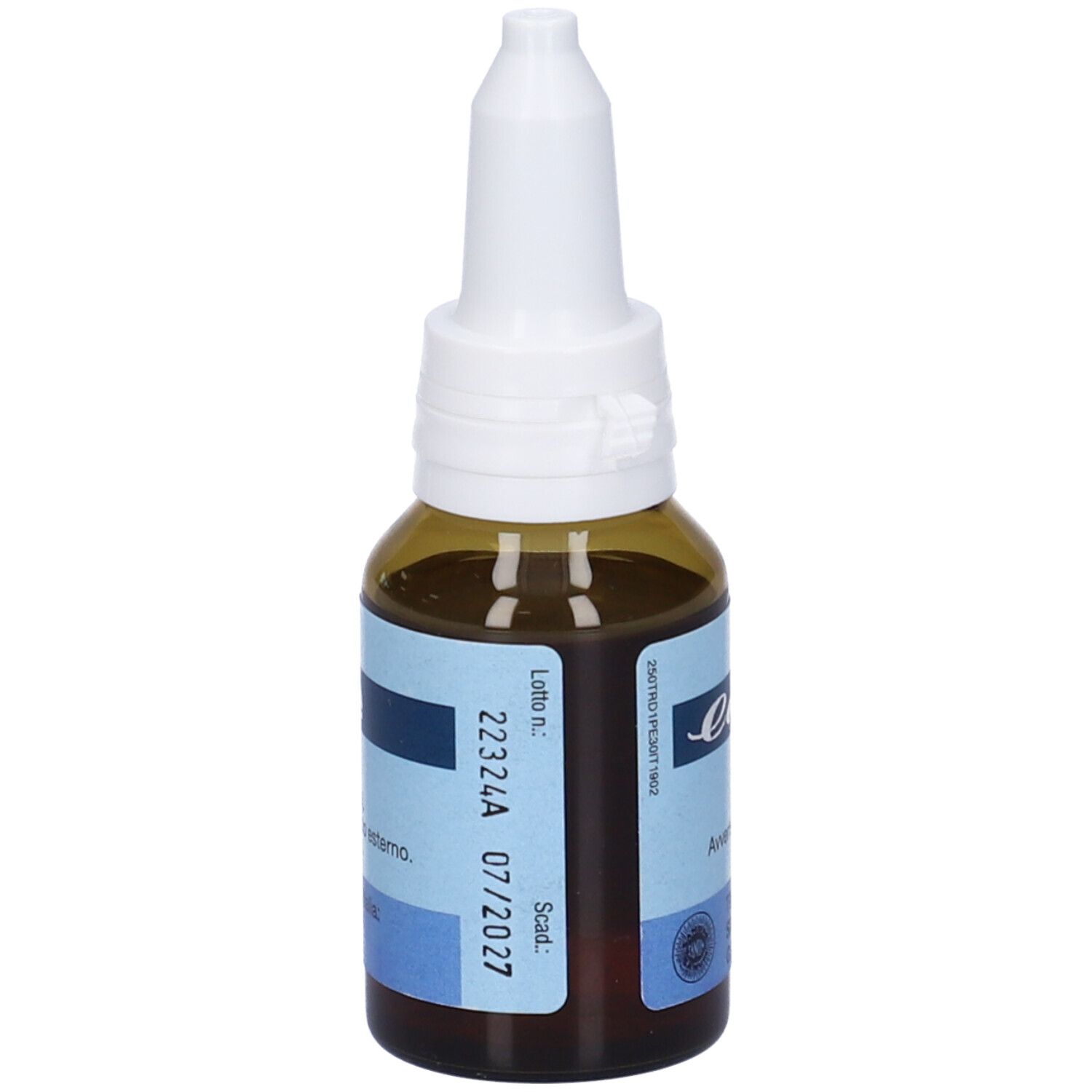 Flacone di vetro marrone con contagocce bianco. Etichette blu con testo. Scadenza 07/2027 visibile.