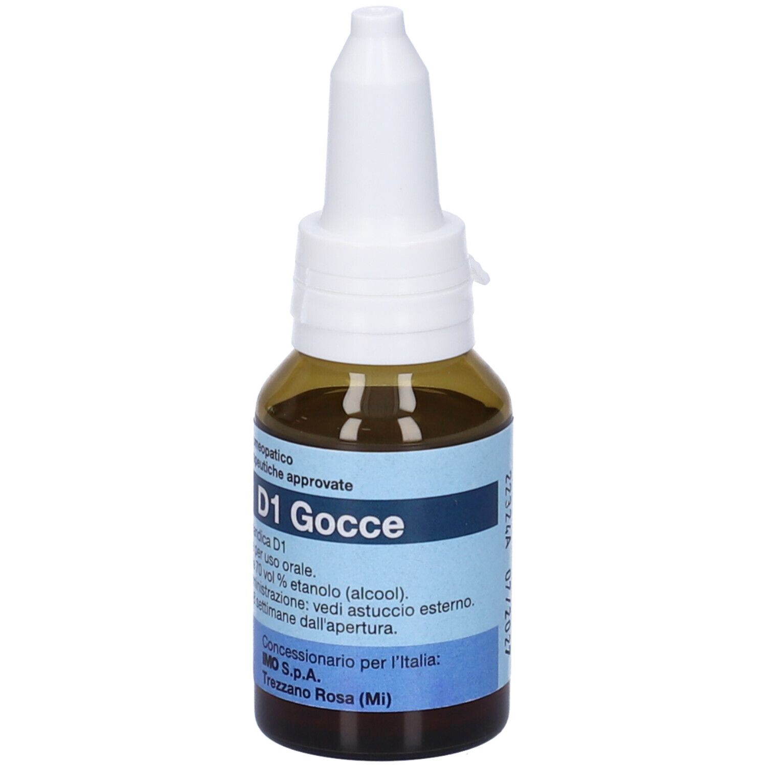 Flacone di vetro marrone con contagocce bianco. Etichette blu con testo. Il nome del prodotto D1 Gocce è visibile.