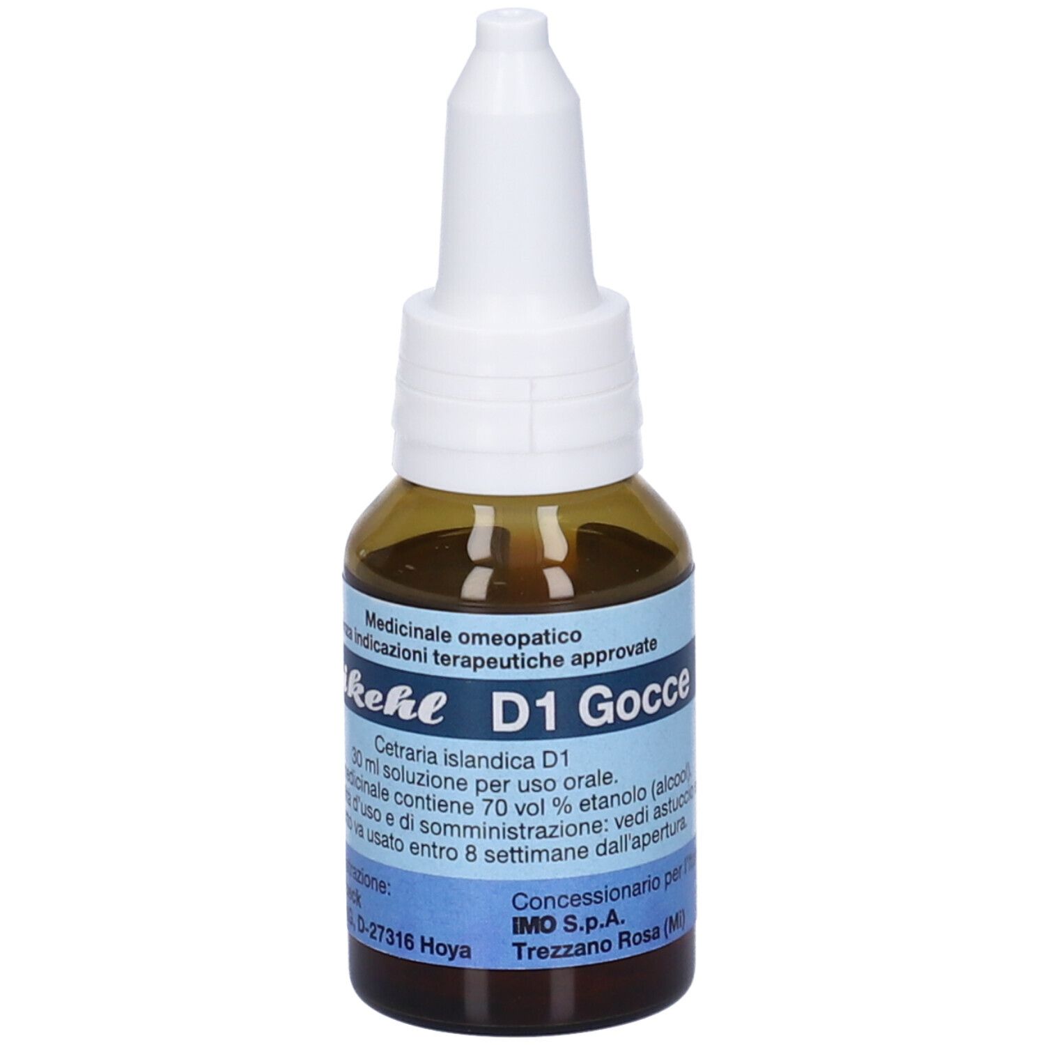 Flacone di vetro marrone con contagocce bianco. Etichette blu con testo. Nome del prodotto e ingredienti visibili.