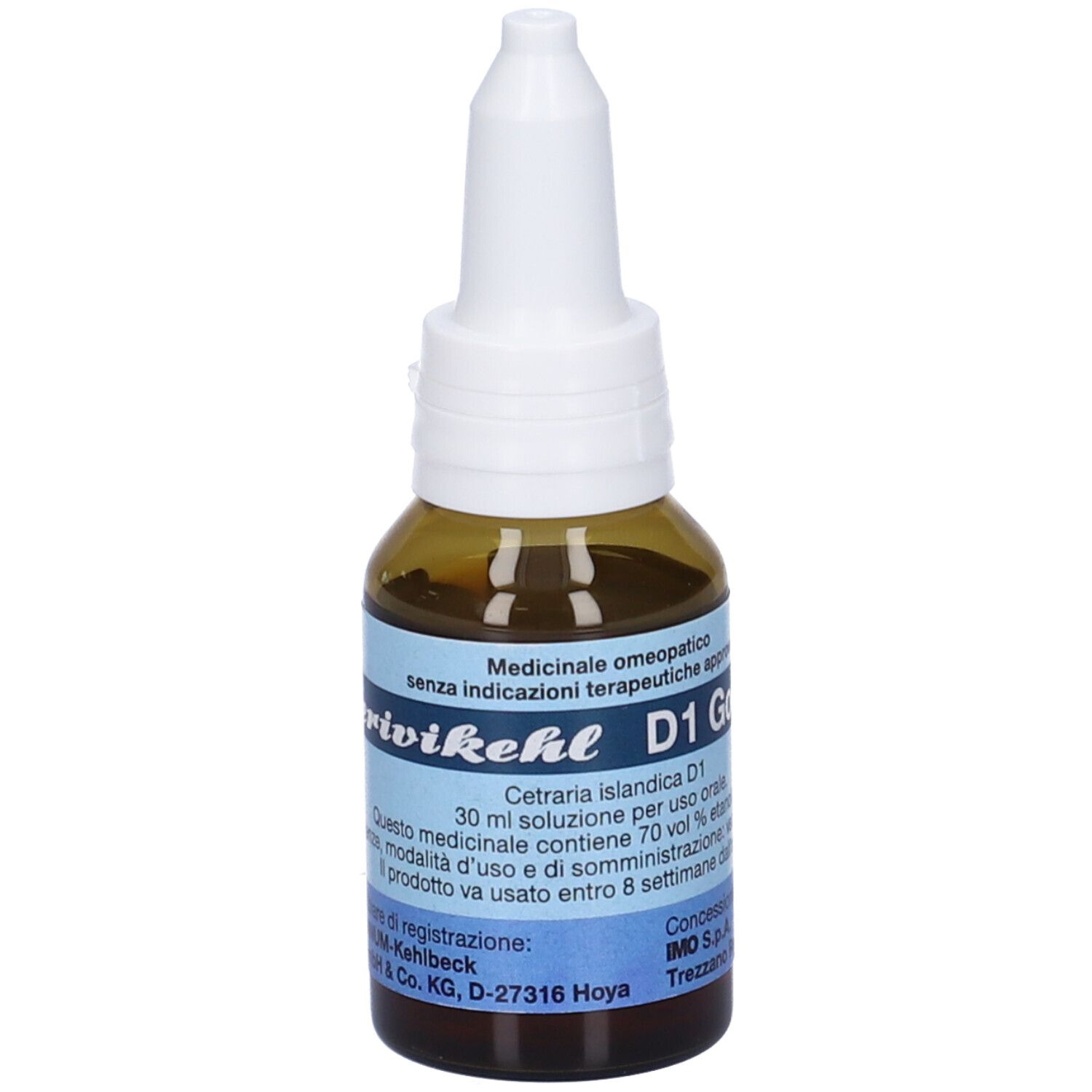 Flacone di vetro marrone con contagocce bianco. Etichette blu con testo. Nome del prodotto e ingredienti visibili.