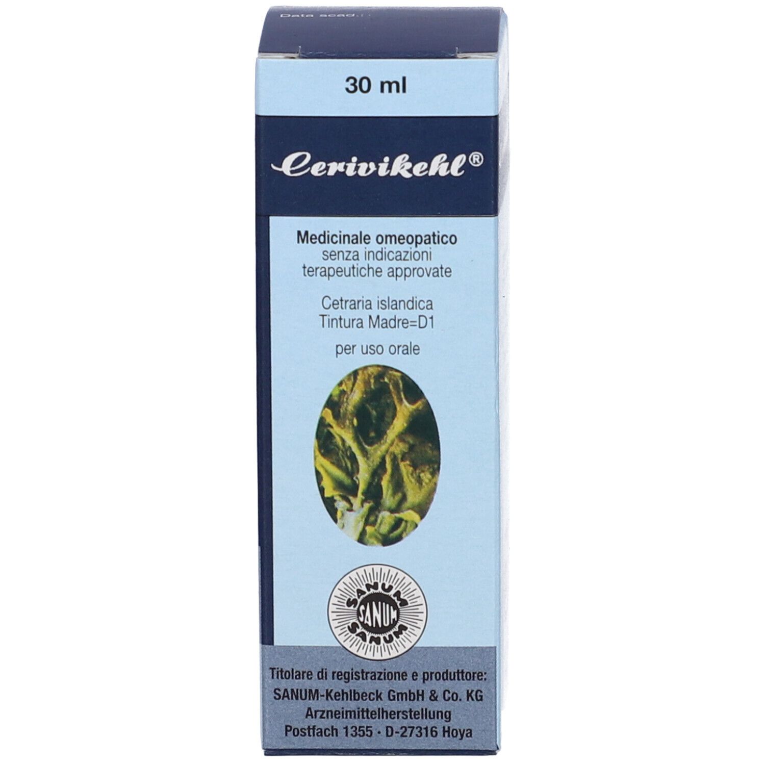 Confezione del prodotto. Scatola blu con testo e illustrazione. Indicazione 30 ml.