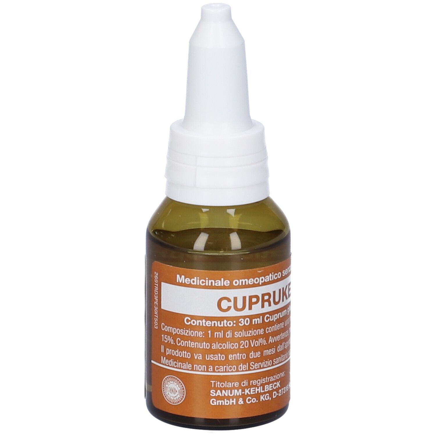 Flacone di vetro marrone con contagocce bianco. Scritta: CUPRUKE. Medicinale omeopatico.