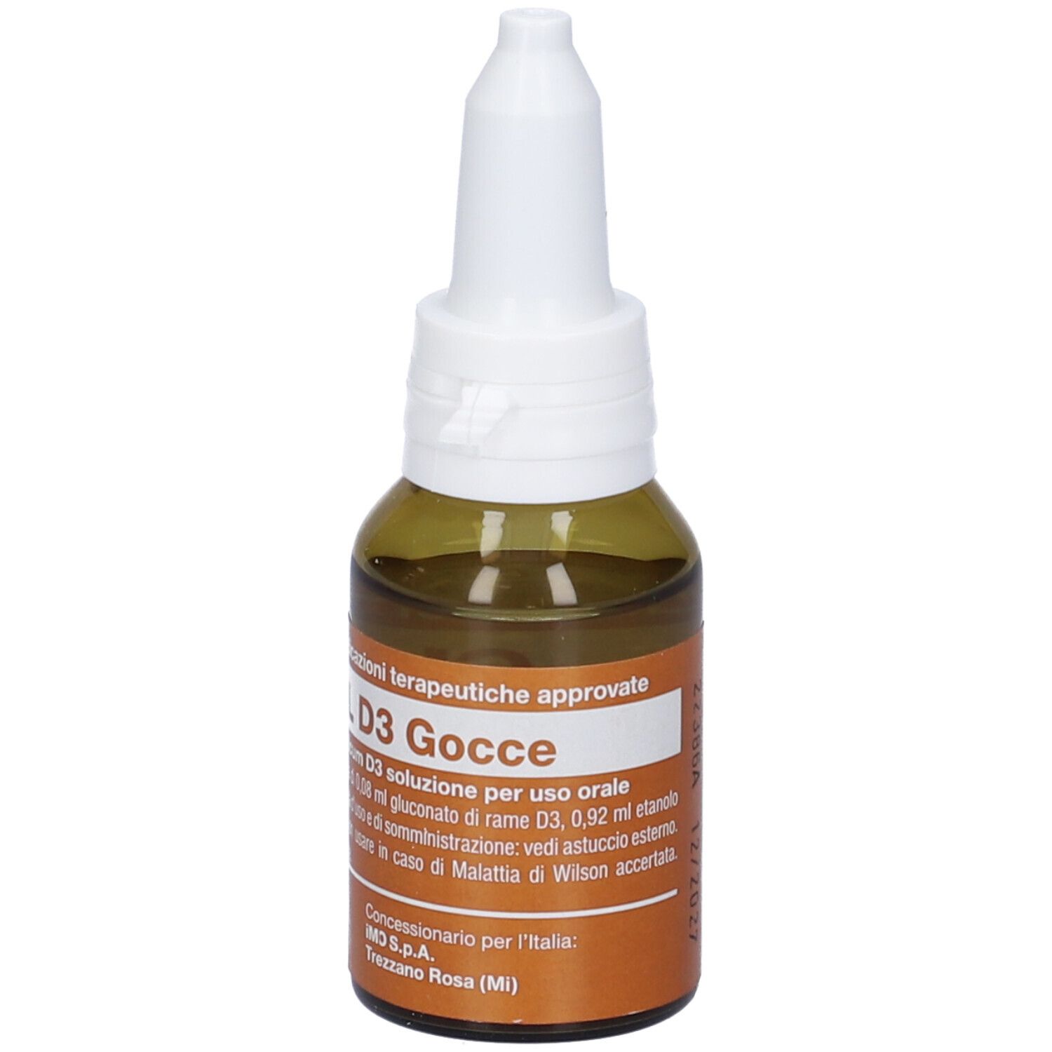 Flacone di vetro marrone con contagocce bianco. Scritta: D3 Gocce. Medicinale omeopatico.