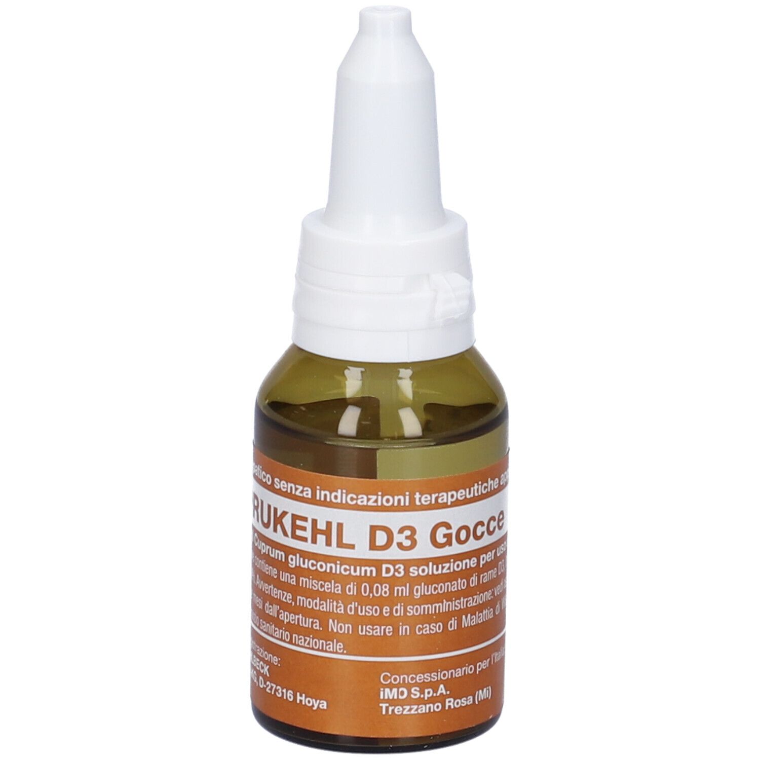 Flacone di vetro marrone con contagocce bianco. Scritta: CUPRUKEHL D3 Gocce. Medicinale omeopatico.