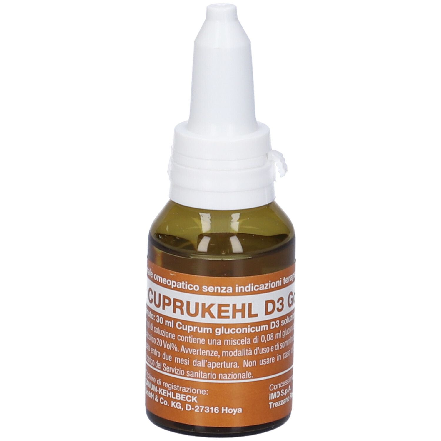 Flacone di vetro marrone con contagocce bianco. Scritta: CUPRUKEHL D3 G. Medicinale omeopatico.