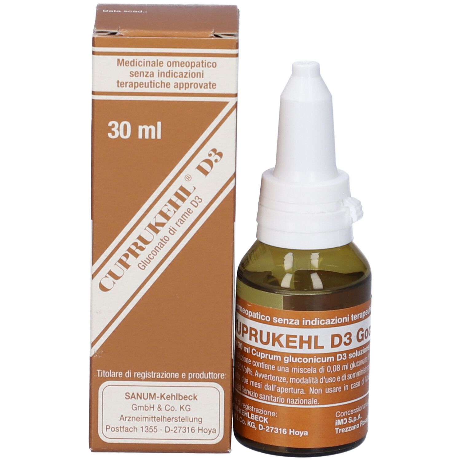 Prodotto con confezione. Flacone di vetro marrone e scatola. Scritta: CUPRUKEHL D3. Medicinale omeopatico.