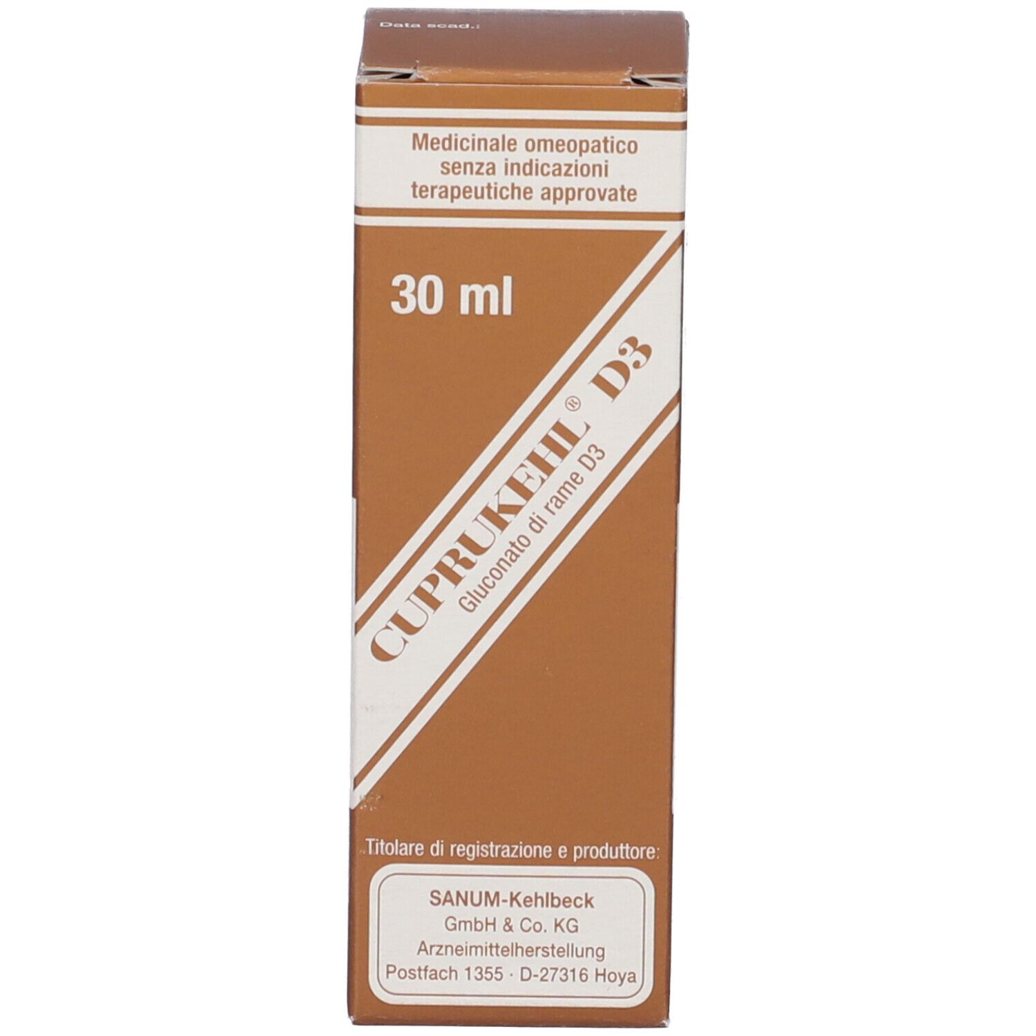 Confezione in cartone. Scritta: CUPRUKEHL D3. Medicinale omeopatico.