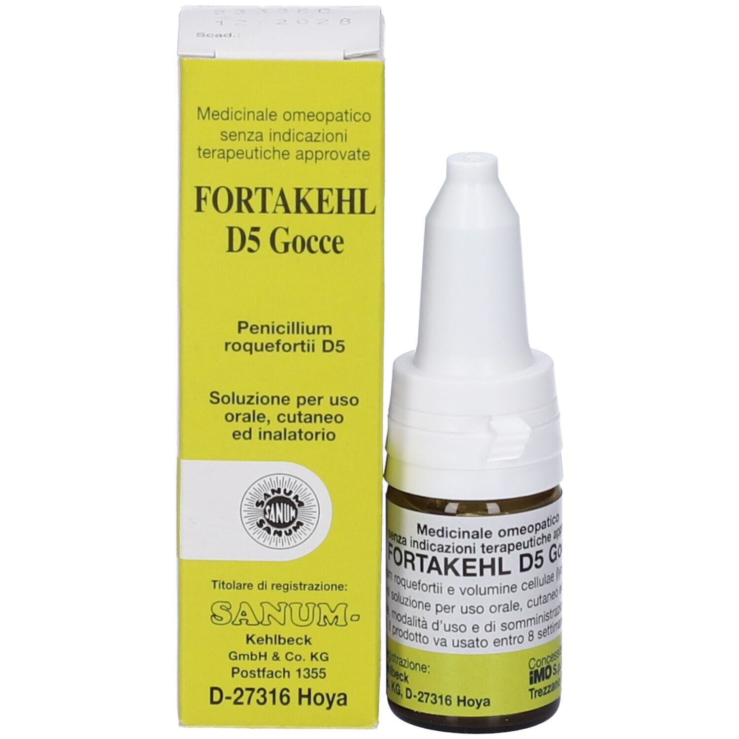 Flacone e confezione del prodotto. Scritta: Fortakehl D5 Gocce. Logo SANUM. Sfondo giallo.