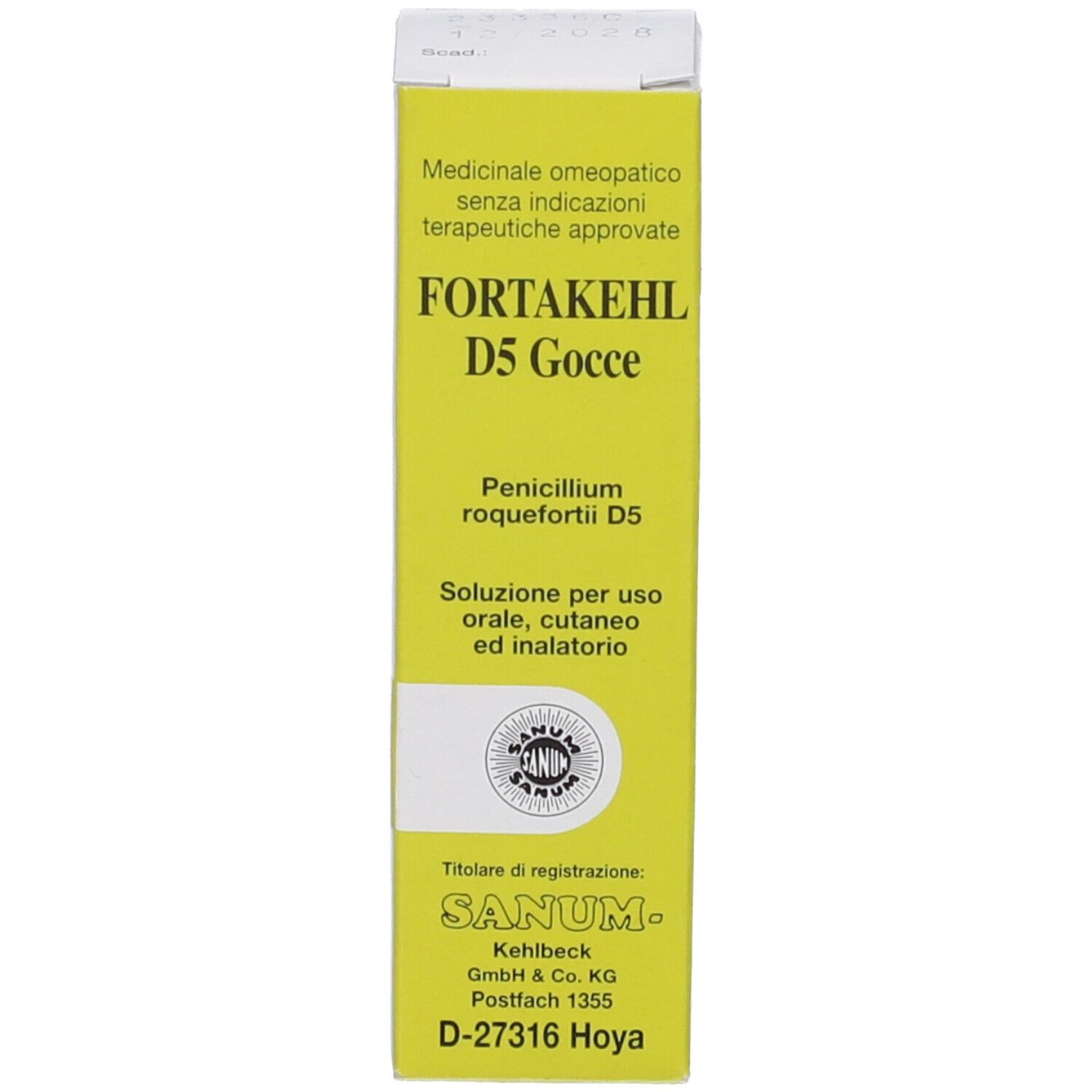 Confezione del prodotto. Scritta: Fortakehl D5 Gocce. Logo SANUM. Sfondo giallo.