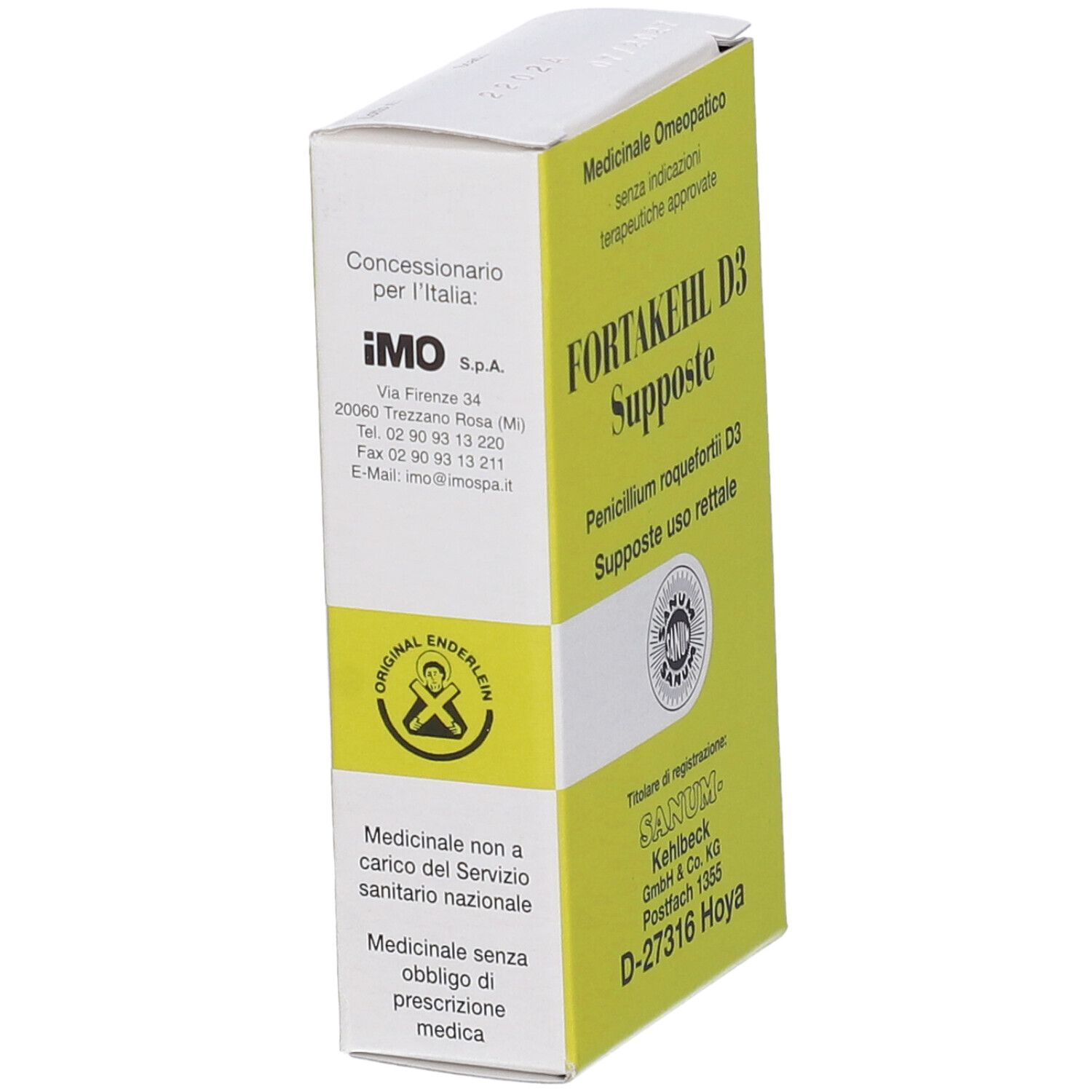 Scatola con nome prodotto FORTAKEHL D3 Supposte. Logo Sanum e testo. Stampe e logo IMO S.p.A.