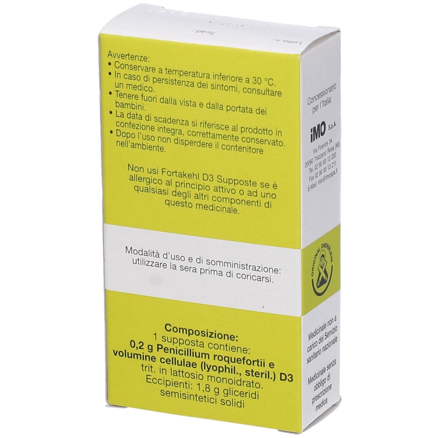 Retro della scatola con informazioni sul prodotto. Testo in italiano. Composizione e istruzioni per l'uso.