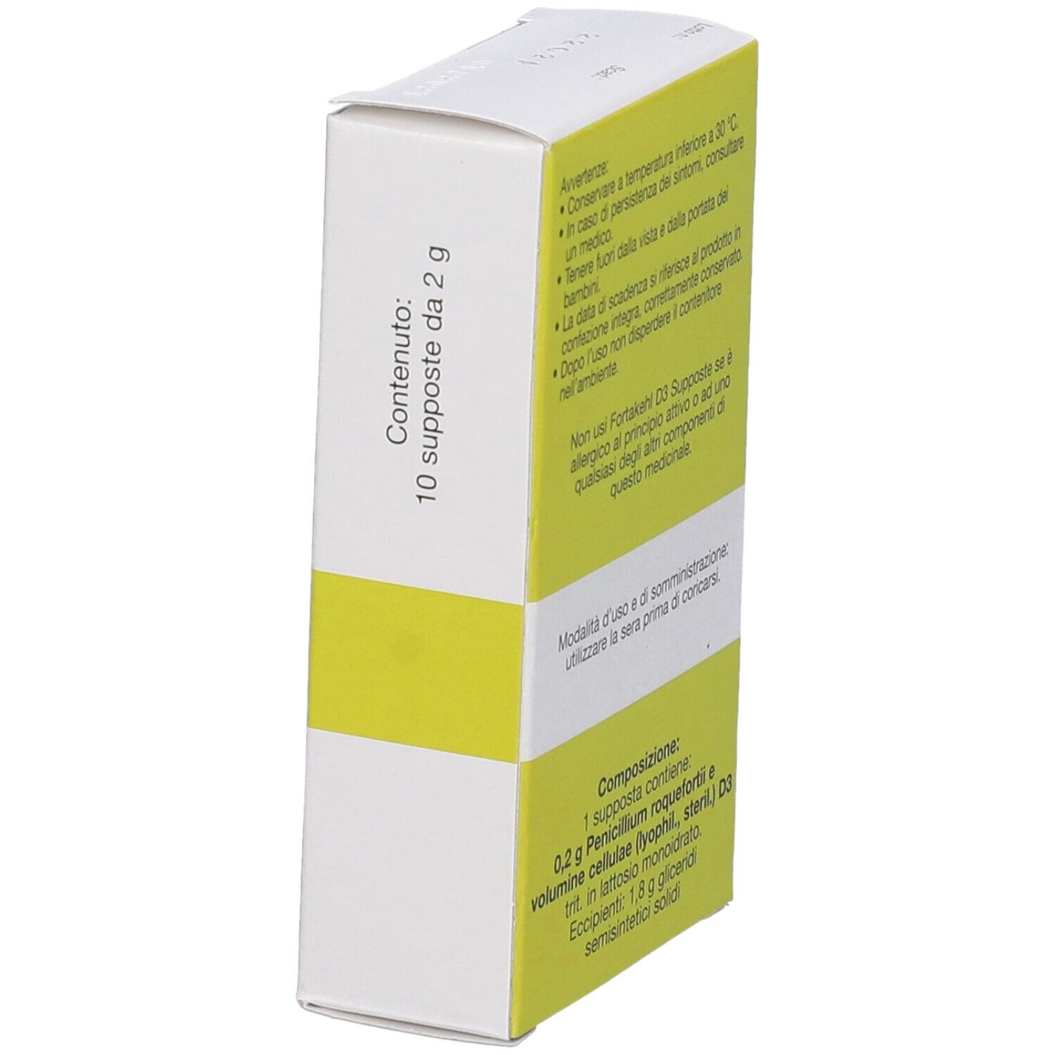 Vista laterale della scatola con informazioni sul prodotto. Testo in italiano. Contenuto: 10 supposte.