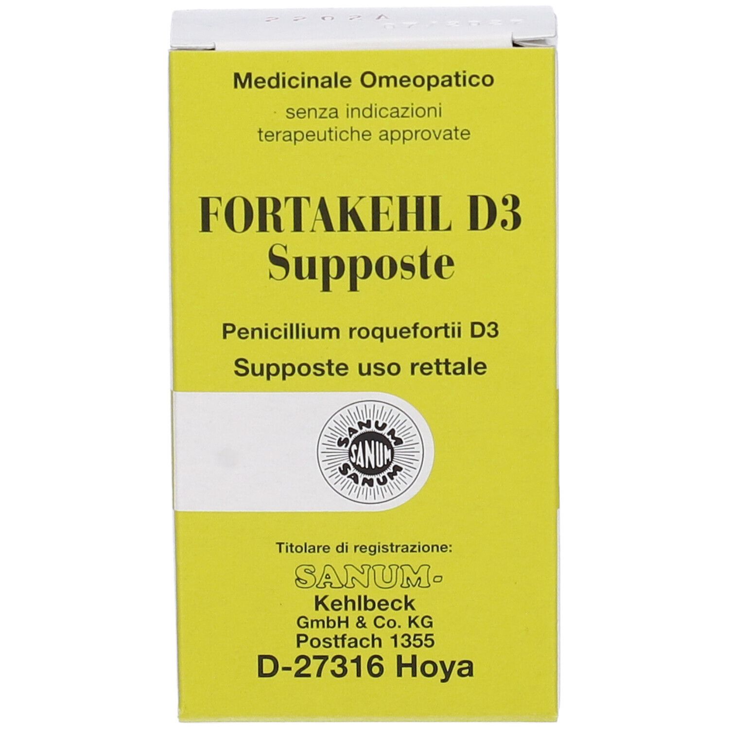 Scatola giallo-bianca con nome prodotto FORTAKEHL D3 Supposte. Logo Sanum e testo. Indicazioni mediche.