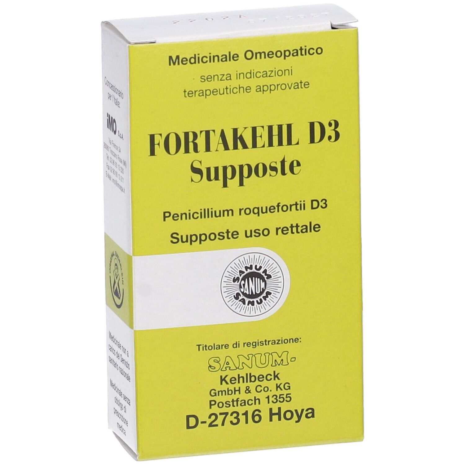 Scatola giallo-bianca con nome prodotto FORTAKEHL D3 Supposte. Logo Sanum e testo. Indicazioni mediche.