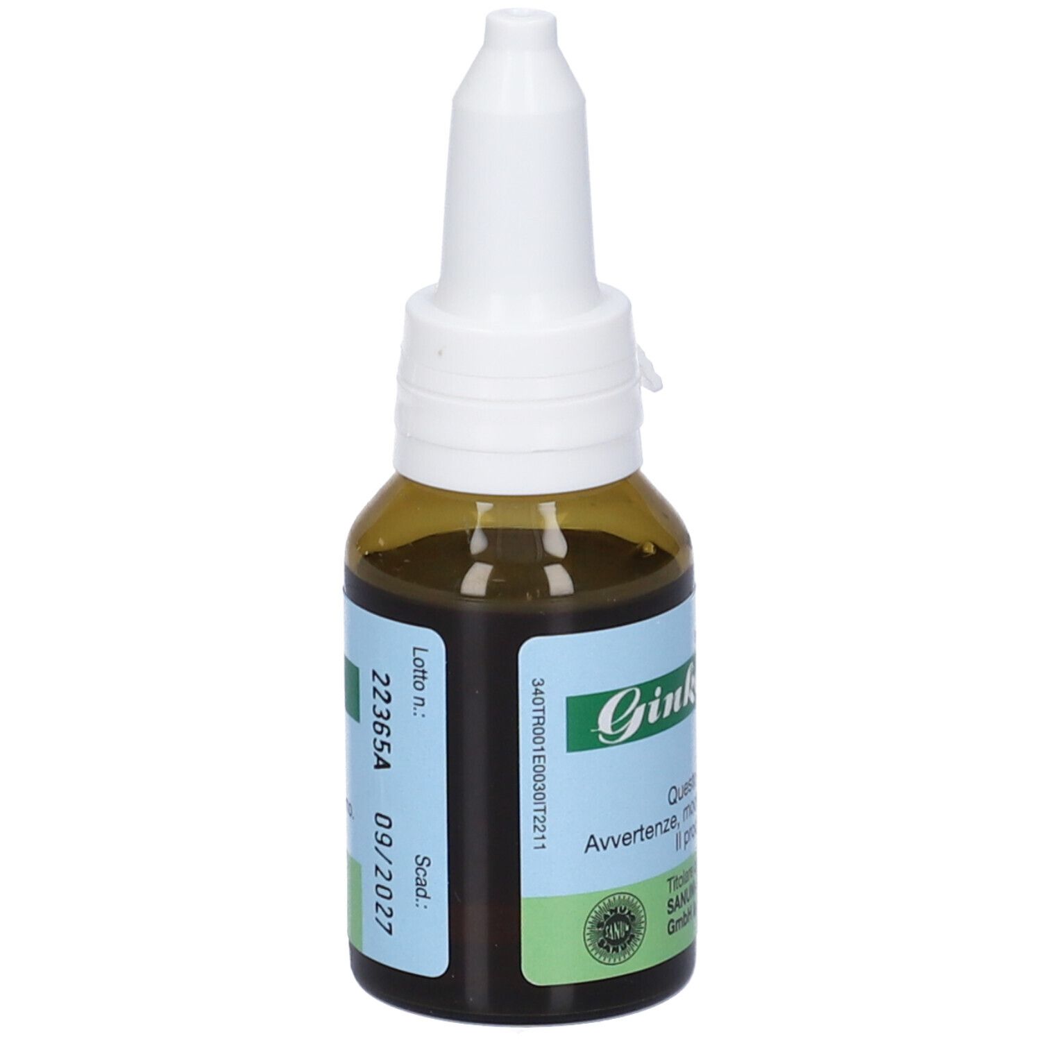 Flacone di vetro marrone con contagocce bianco. Etichetta con testo e numero di lotto. Stampa: 09/2027.