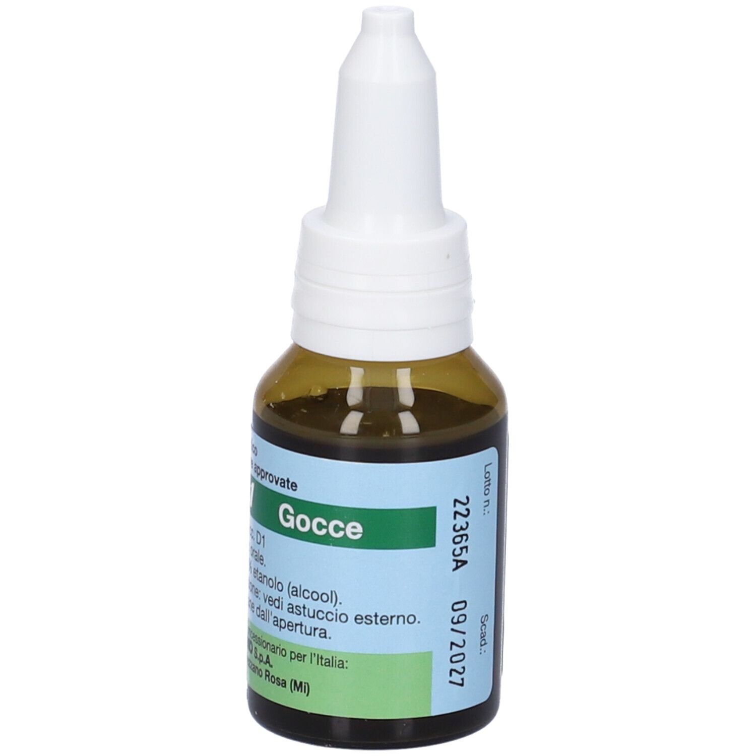 Flacone di vetro marrone con contagocce bianco. Etichetta con testo. Stampa: 09/2027.