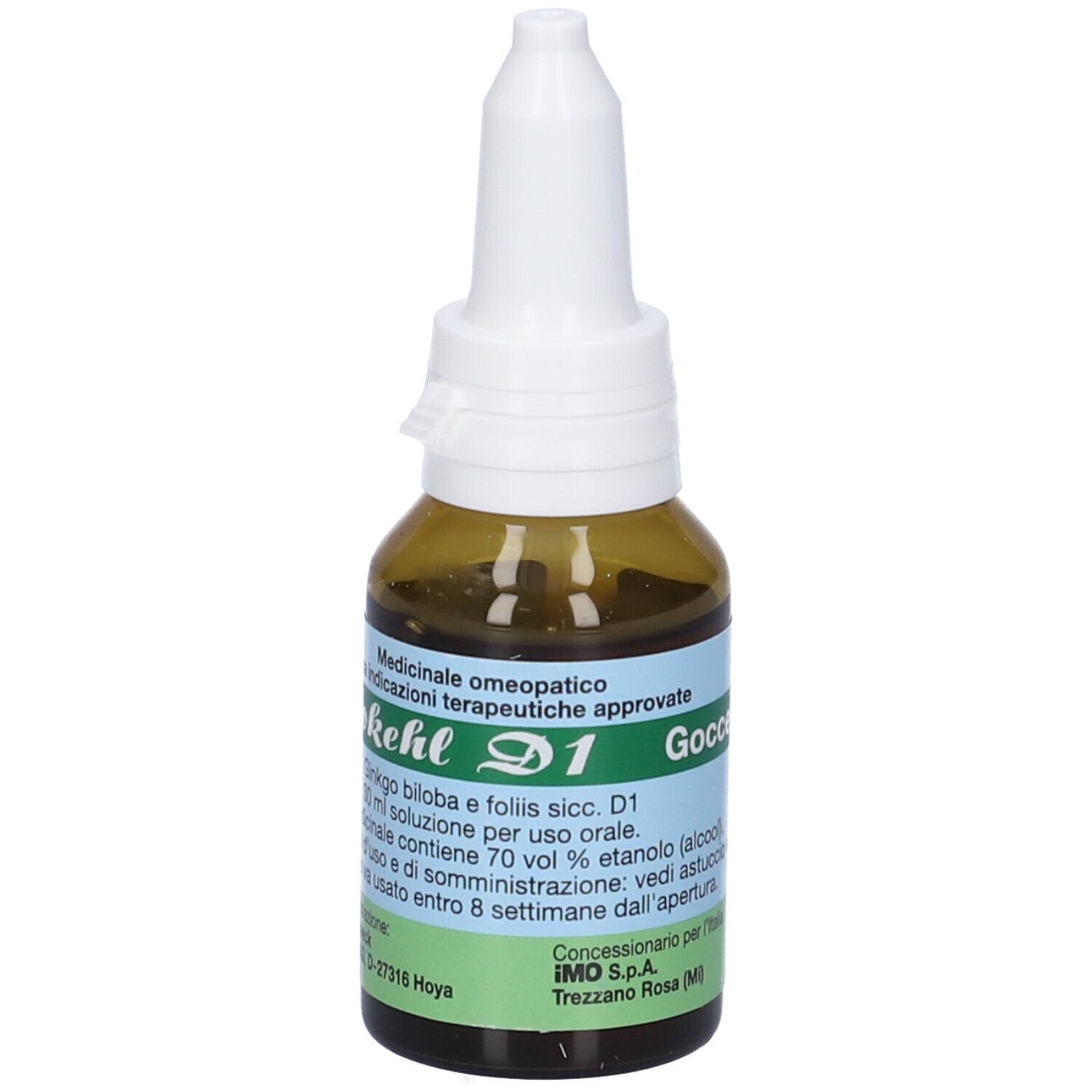 Flacone di vetro marrone con contagocce bianco. Etichetta con testo. Nome prodotto: Ginkgokehl D1 Gocce.