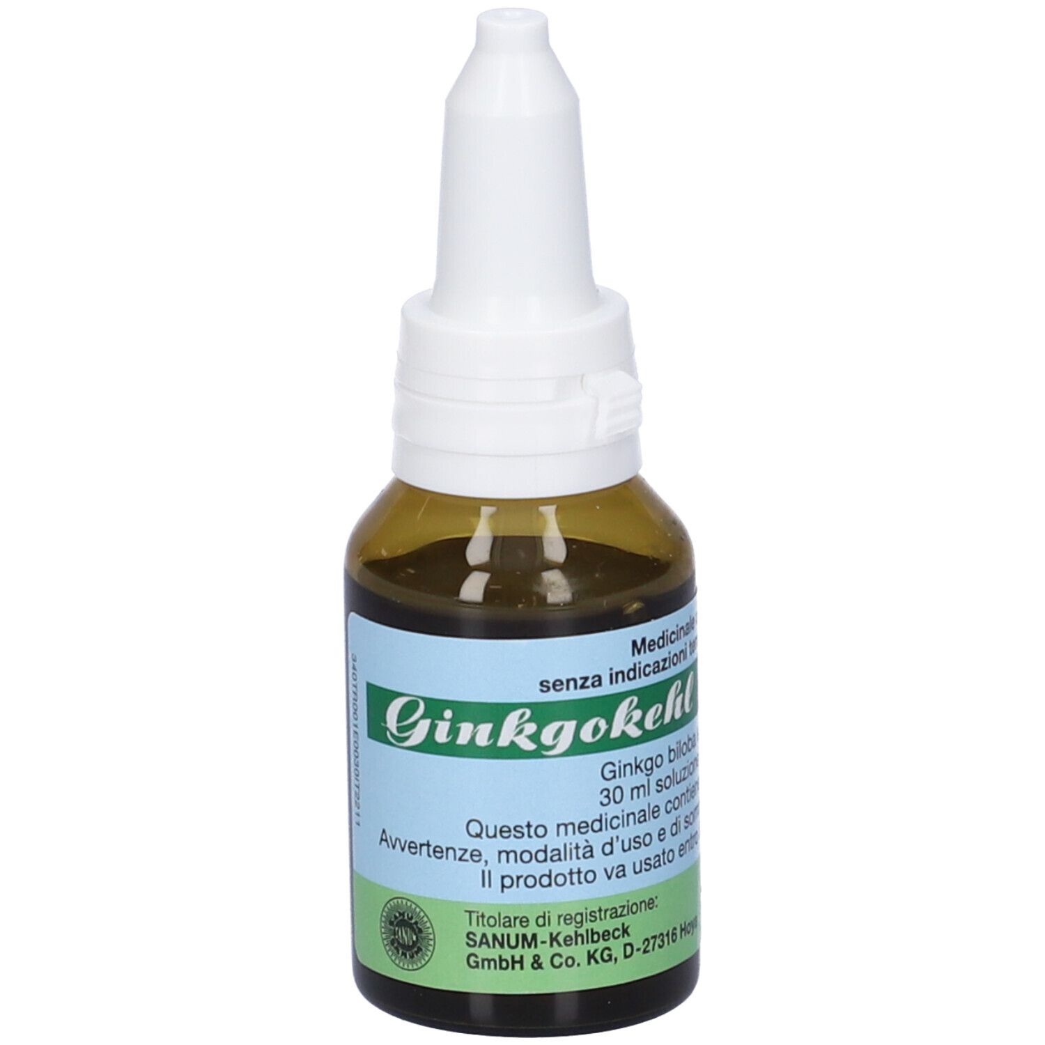 Flacone di vetro marrone con contagocce bianco. Etichetta con testo. Nome prodotto: Ginkgokehl.