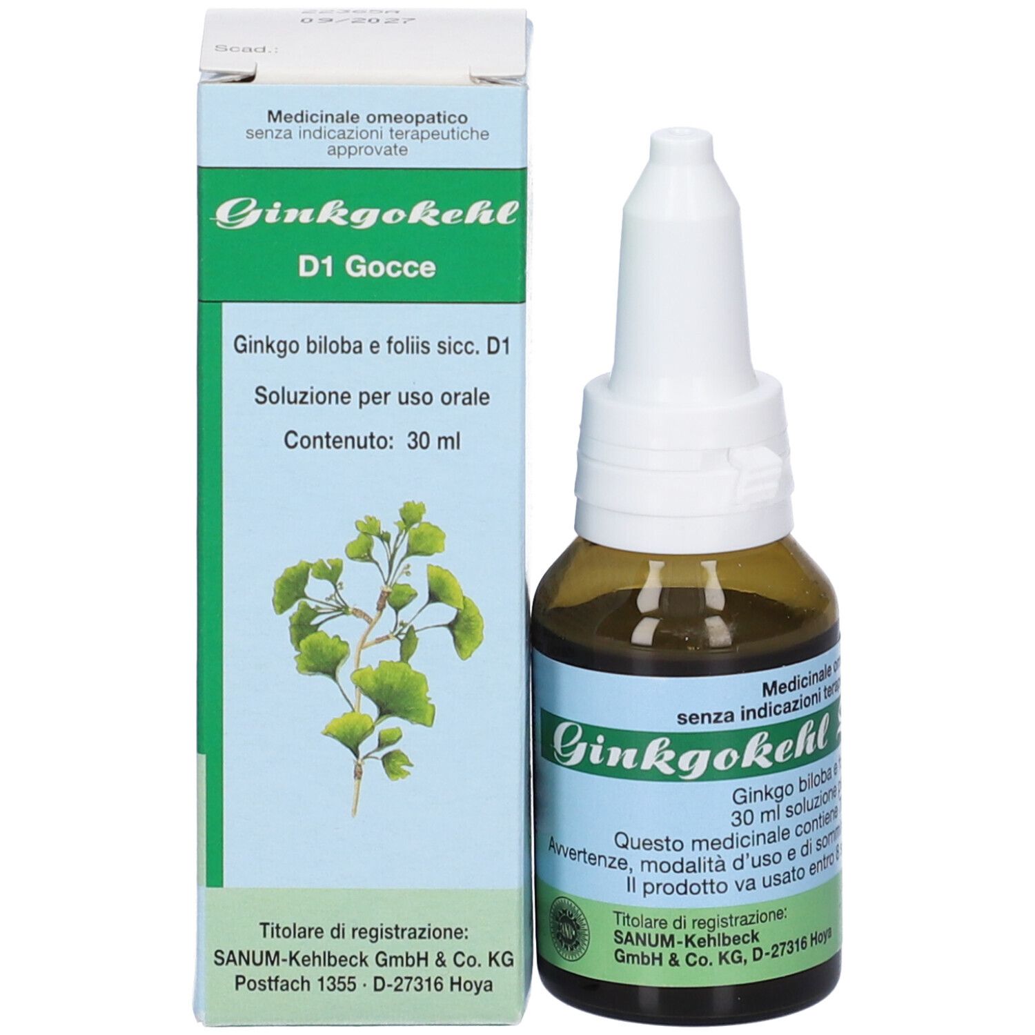 Flacone di vetro marrone con contagocce bianco e scatola. Scatola con nome prodotto: Ginkgokehl D1 Gocce.