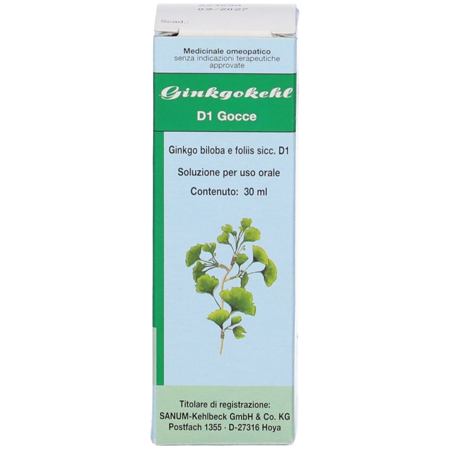 Scatola con nome prodotto: Ginkgokehl D1 Gocce. Illustrazione di foglie.