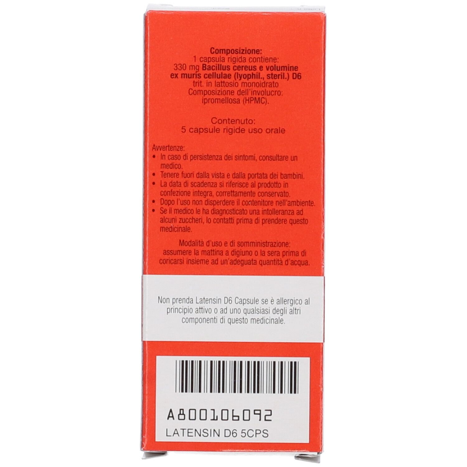 Retro della scatola. Testo in italiano. Contiene 5 capsule. Codice a barre e informazioni sul prodotto.