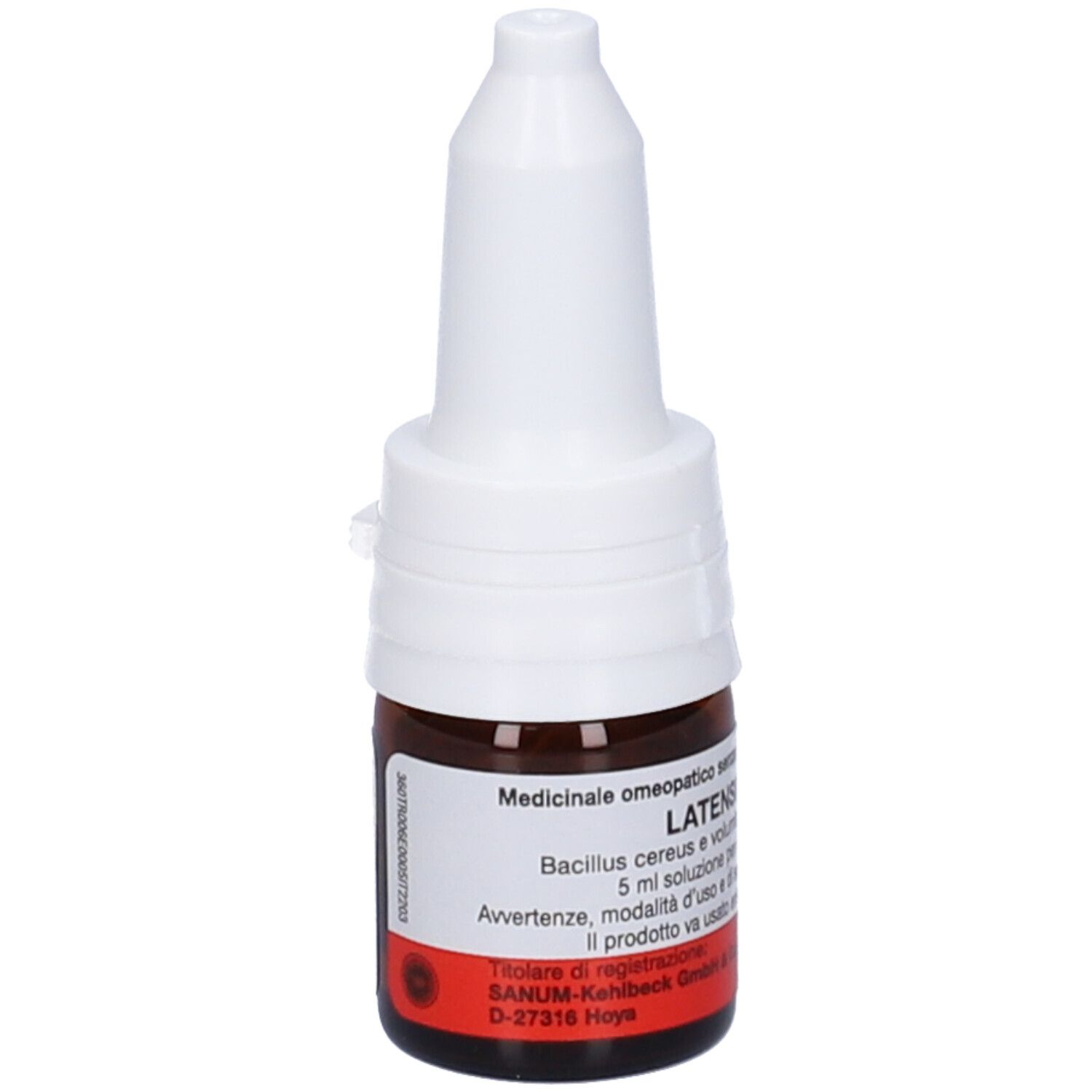 Flacone di vetro marrone con tappo bianco. Scritta: LATENSIN D6 Gocce. Etichetta rossa con testo.