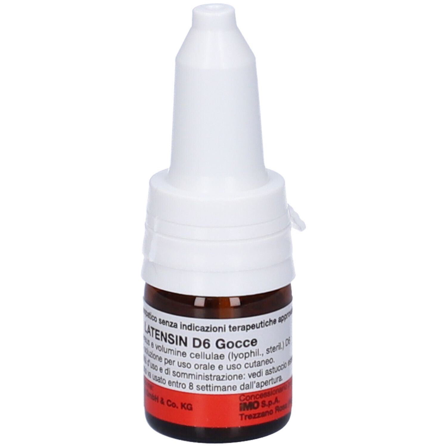 Flacone di vetro marrone con tappo bianco. Scritta: LATENSIN D6 Gocce. Etichetta rossa con testo.