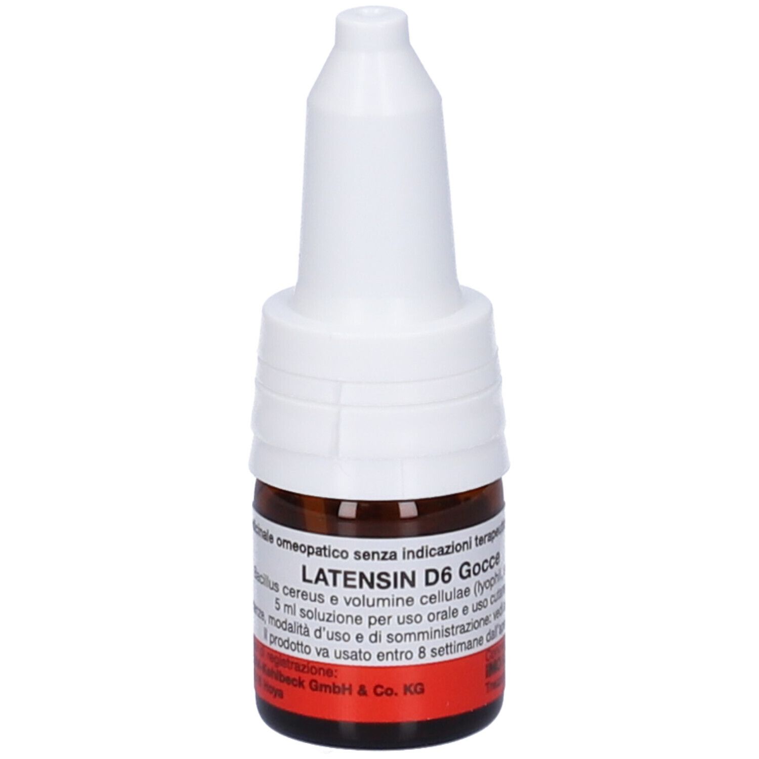 Flacone di vetro marrone con tappo bianco. Scritta: LATENSIN D6 Gocce. Etichetta rossa con testo.