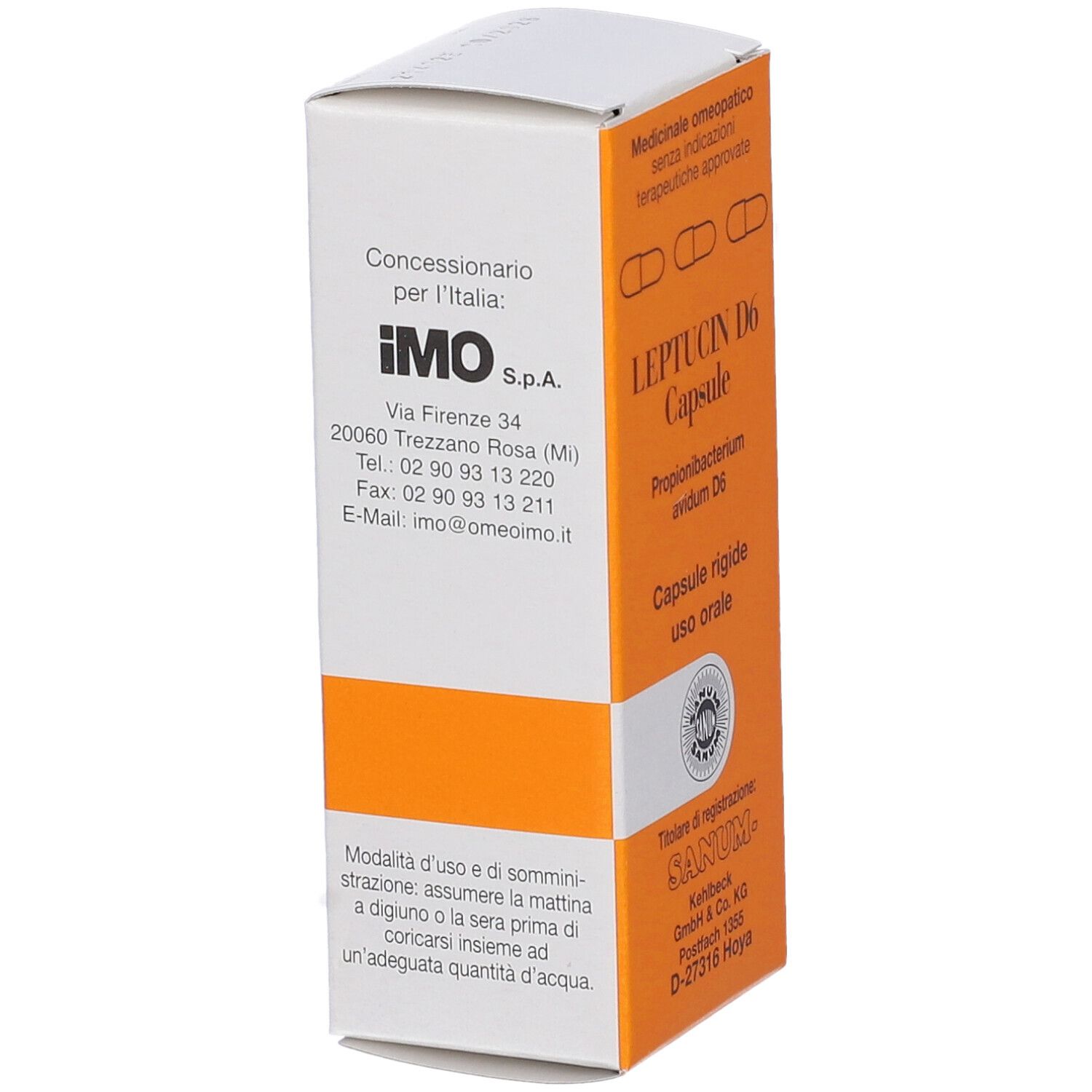 Scatola bianca e arancione. Testo: Leptucin D6 Capsule, Propionibacterium avidum D6, Capsule rigide uso orale.