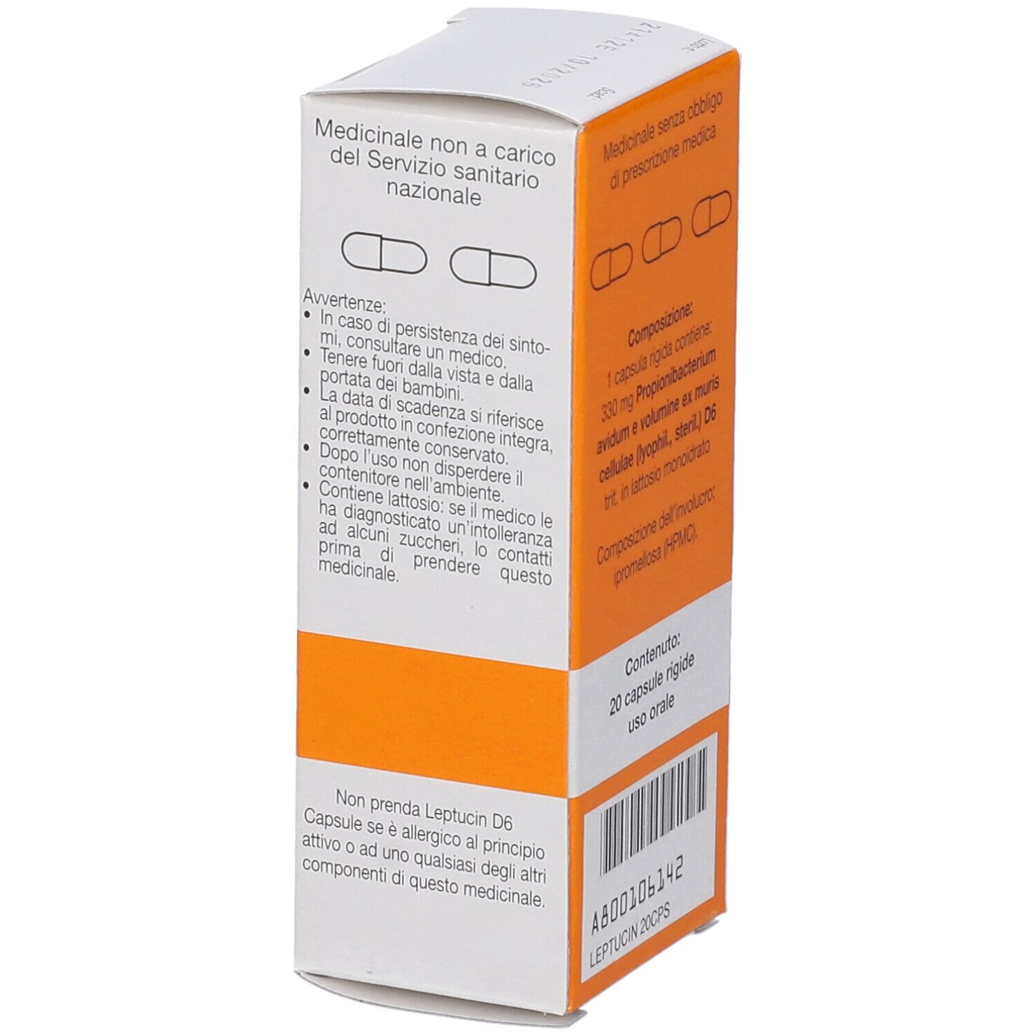 Vista laterale di una scatola arancione. Testo: Leptucin 20CPS, avvertenze e ingredienti.