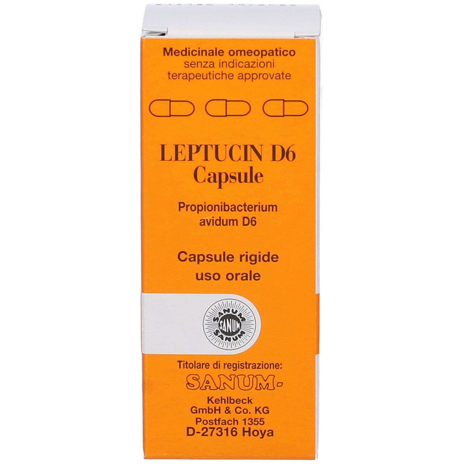 Scatola arancione con nome del prodotto e illustrazioni di capsule. Testo: Leptucin D6 Capsule, Sanum.