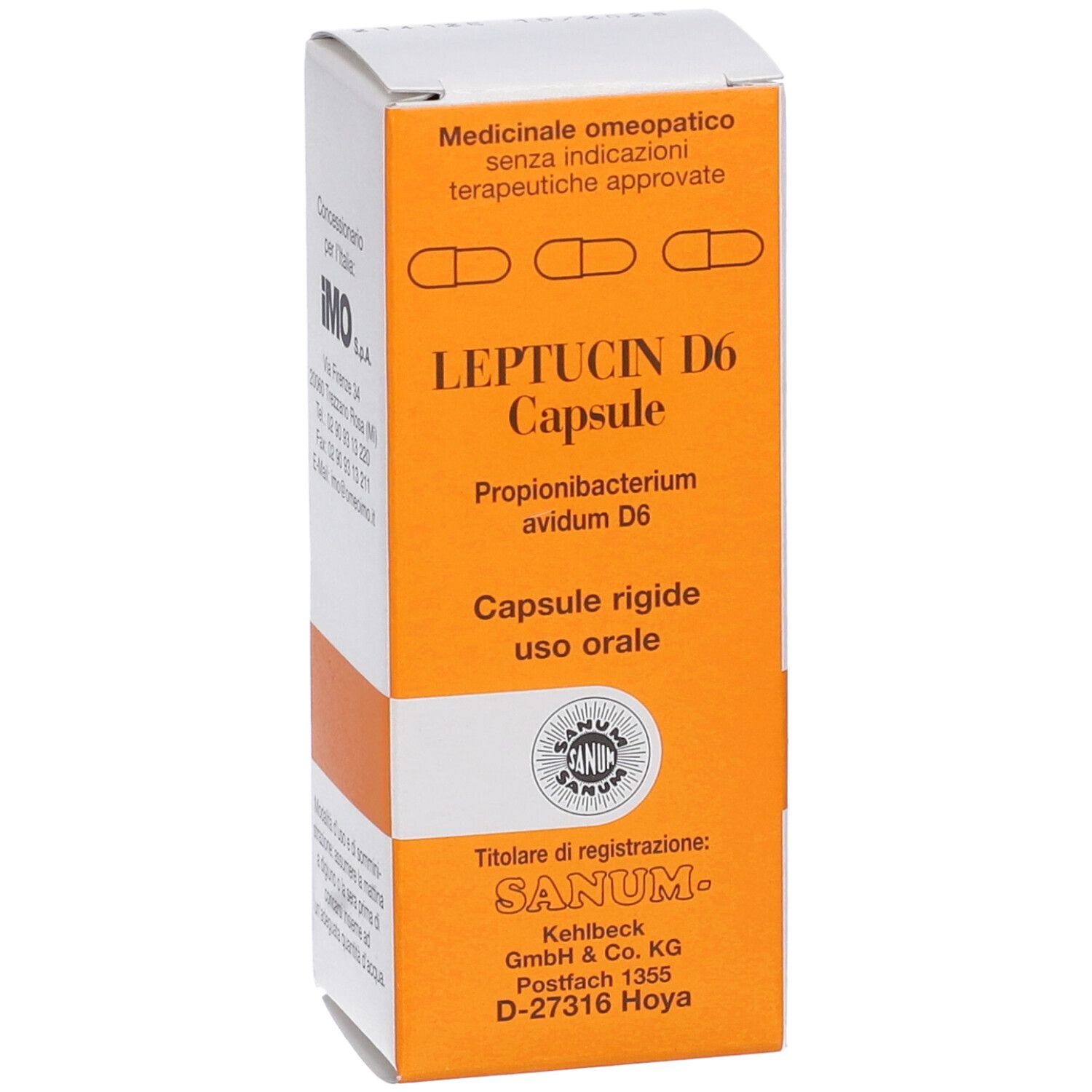 Scatola bianca e arancione. Testo: Leptucin D6 Capsule, Propionibacterium avidum D6, Capsule rigide uso orale.