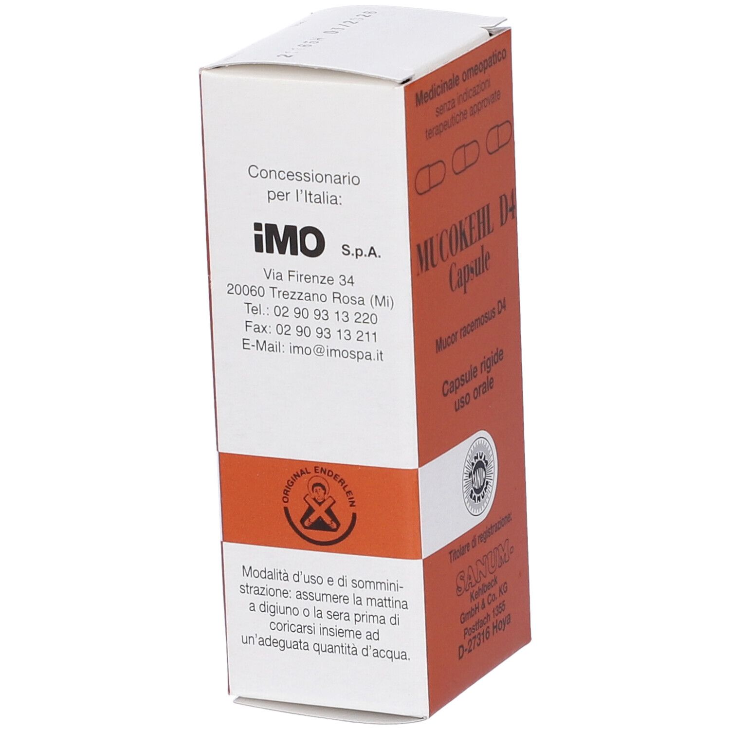 Scatola con testo e logo. Scritta IMO S.p.A. e dettagli. Retro con testo in italiano.