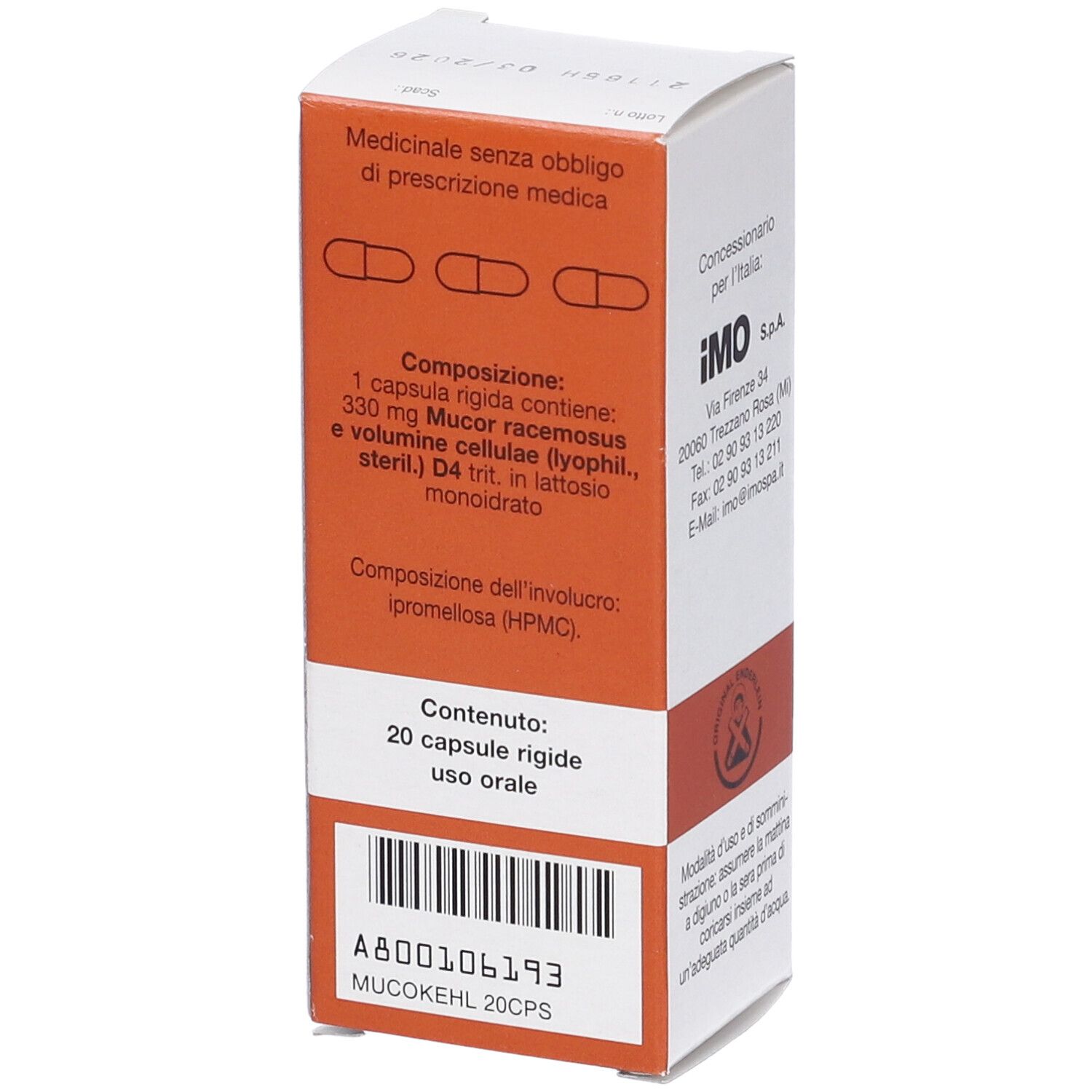 Scatola con testo in italiano. Contiene informazioni sugli ingredienti e il contenuto.