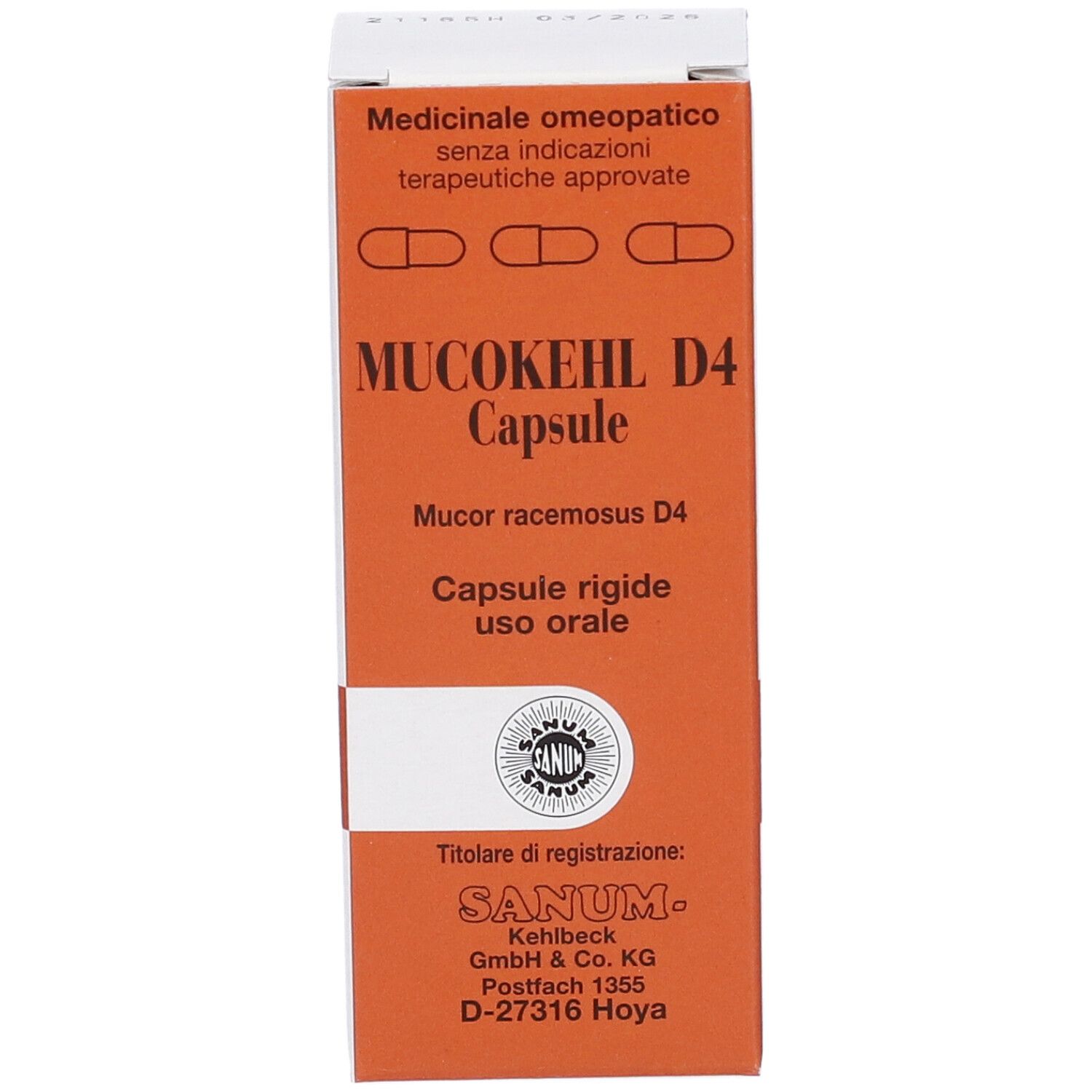 Scatola arancione con testo Mucokehl D4 Capsule. Logo Sanum e testo in italiano.