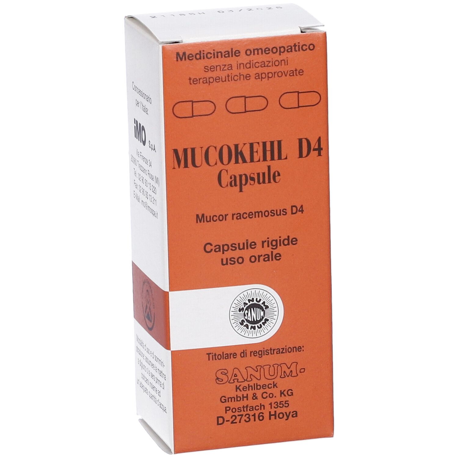 Scatola con testo Mucokehl D4 Capsule. Logo Sanum e testo in italiano. Vista obliqua.