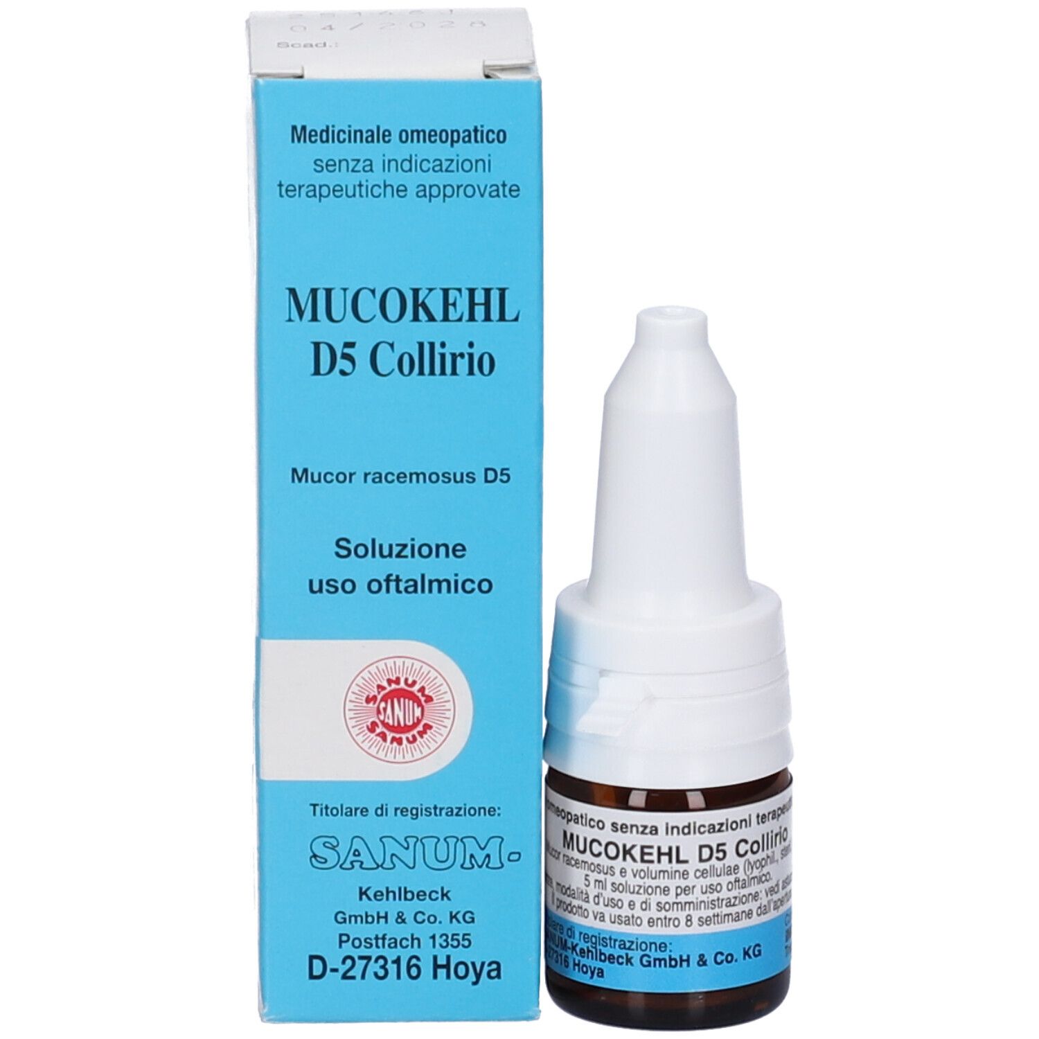 Flacone del prodotto accanto a una scatola blu. Sulla scatola sono indicati il nome del prodotto e l'indirizzo del produttore.