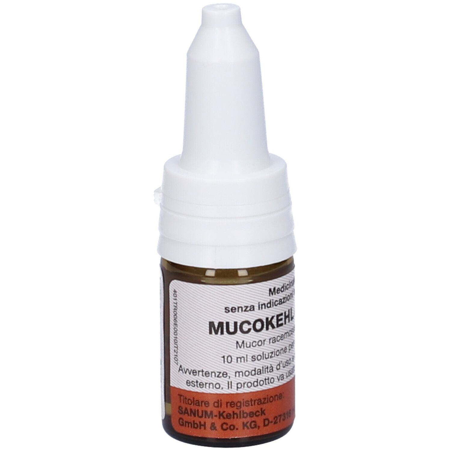 Flacone di vetro marrone con tappo bianco. Scritta: MUCOKEHL. 10 ml di soluzione. Prodotto medico.