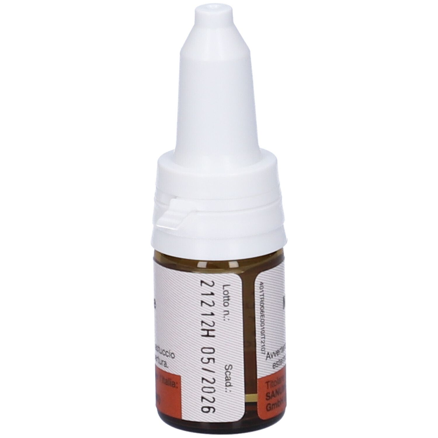 Flacone di vetro marrone con tappo bianco. Etichetta con numero di lotto e scadenza: 05/2026. Prodotto medico.