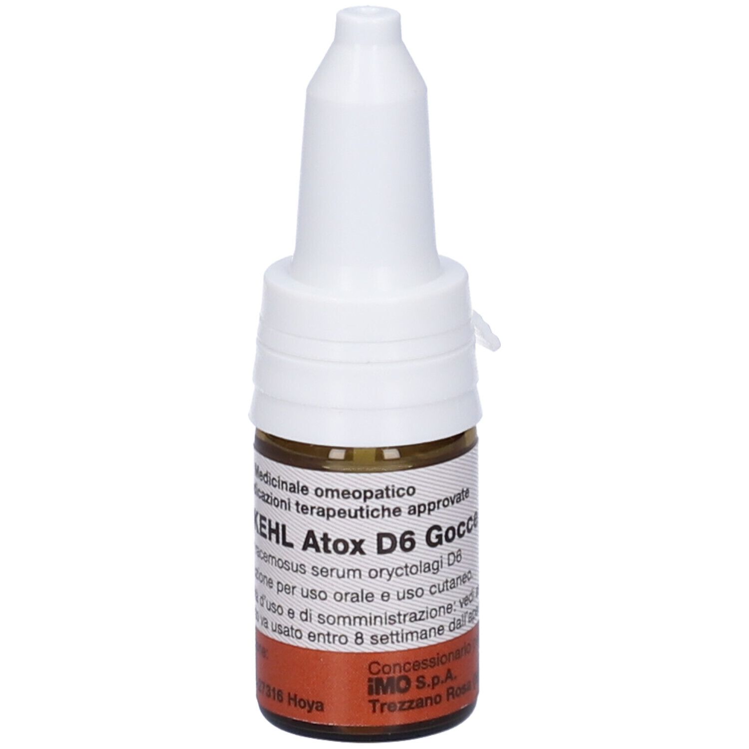 Flacone di vetro marrone con tappo bianco. Scritta: KEHL Atox D6 Gocce. Prodotto medico.