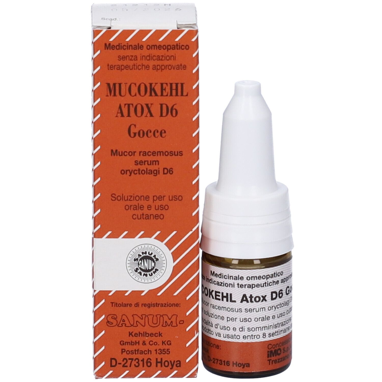 Confezione del prodotto con flacone. Scritta: MUCOKEHL ATOX D6 Gocce. Prodotto medico.