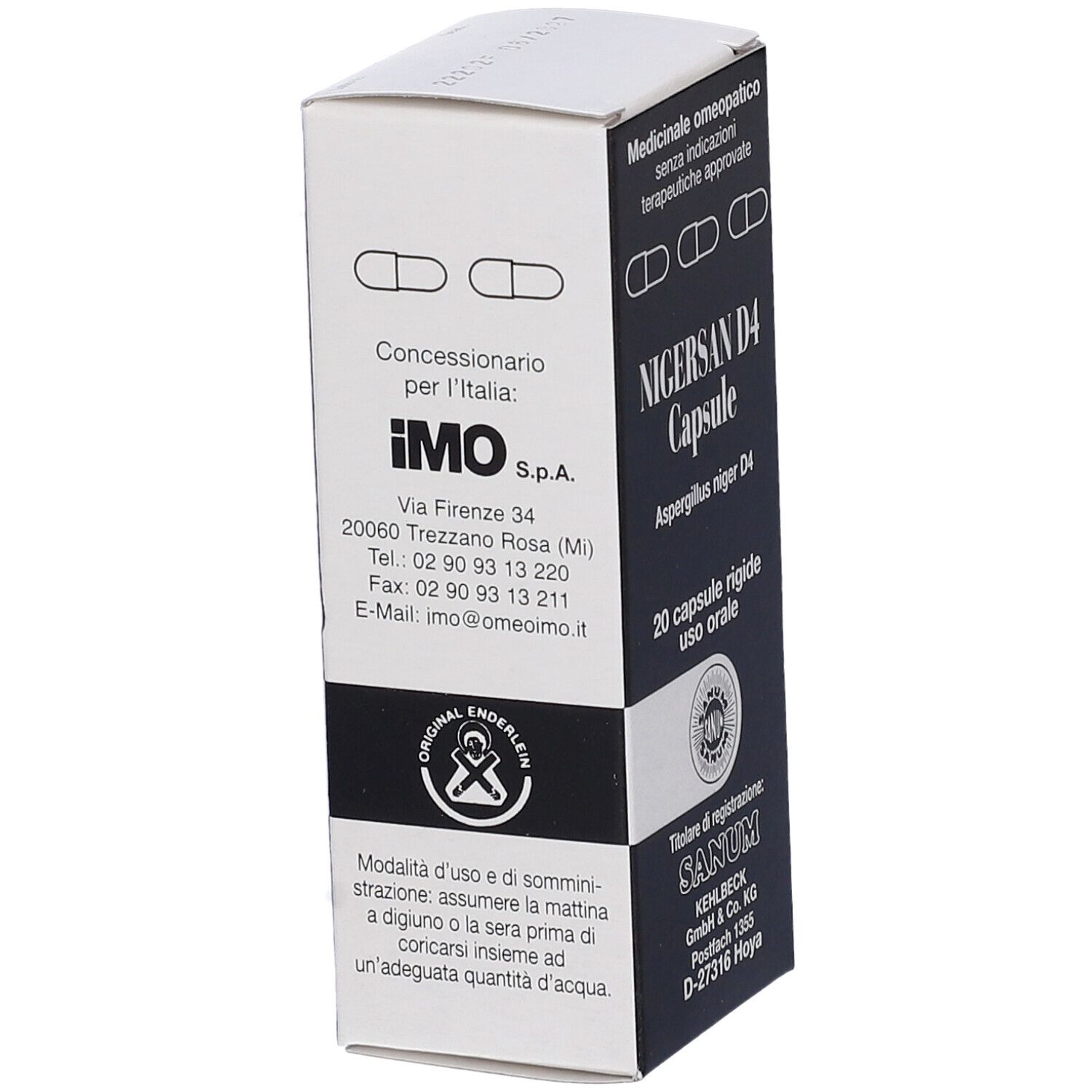 Scatola "Nigersan D4 Capsule". Retro con testo e logo. Marchio IMO. Scritta nera su sfondo bianco.