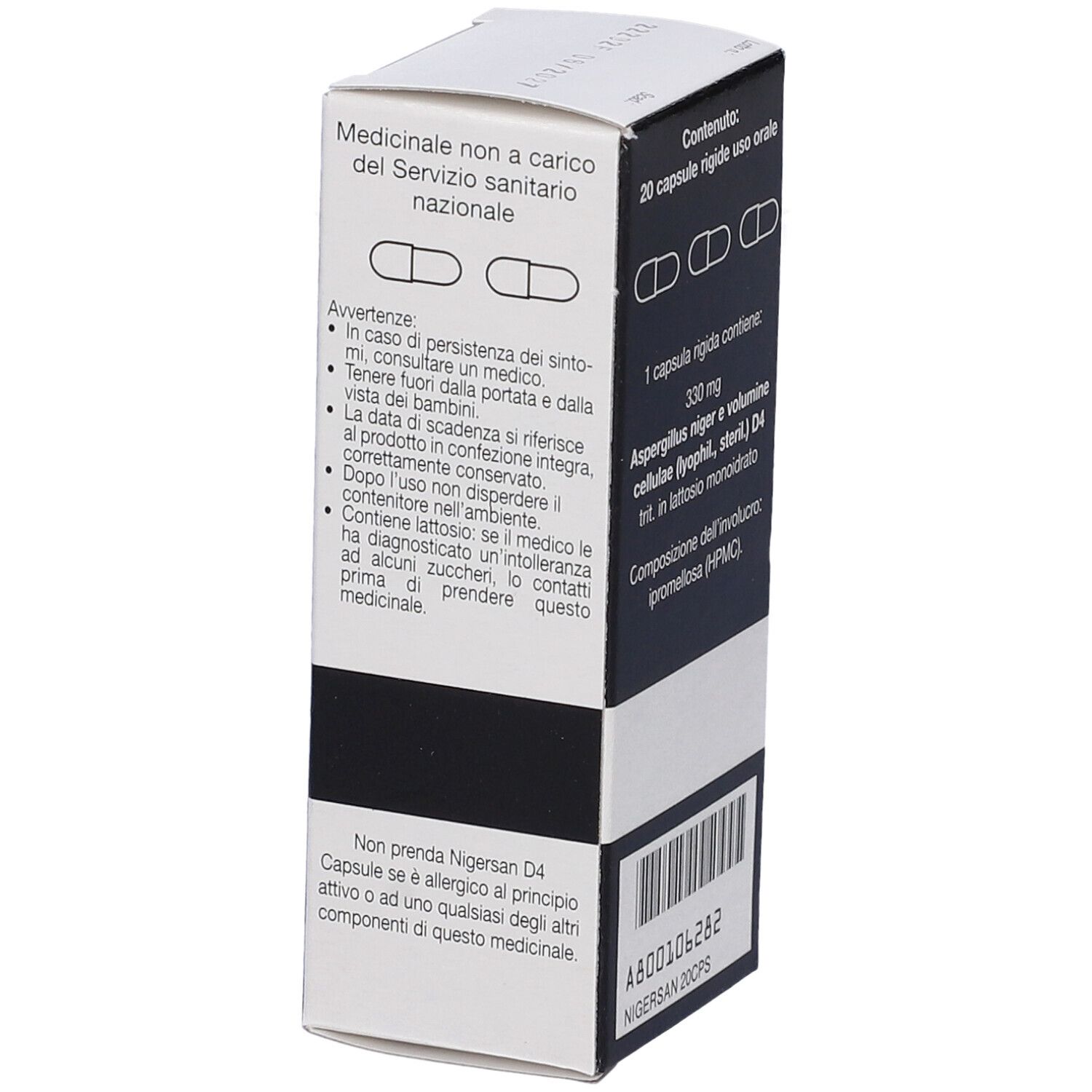 Scatola "Nigersan D4 Capsule". Avvertenze e ingredienti. Scritta nera su sfondo bianco.