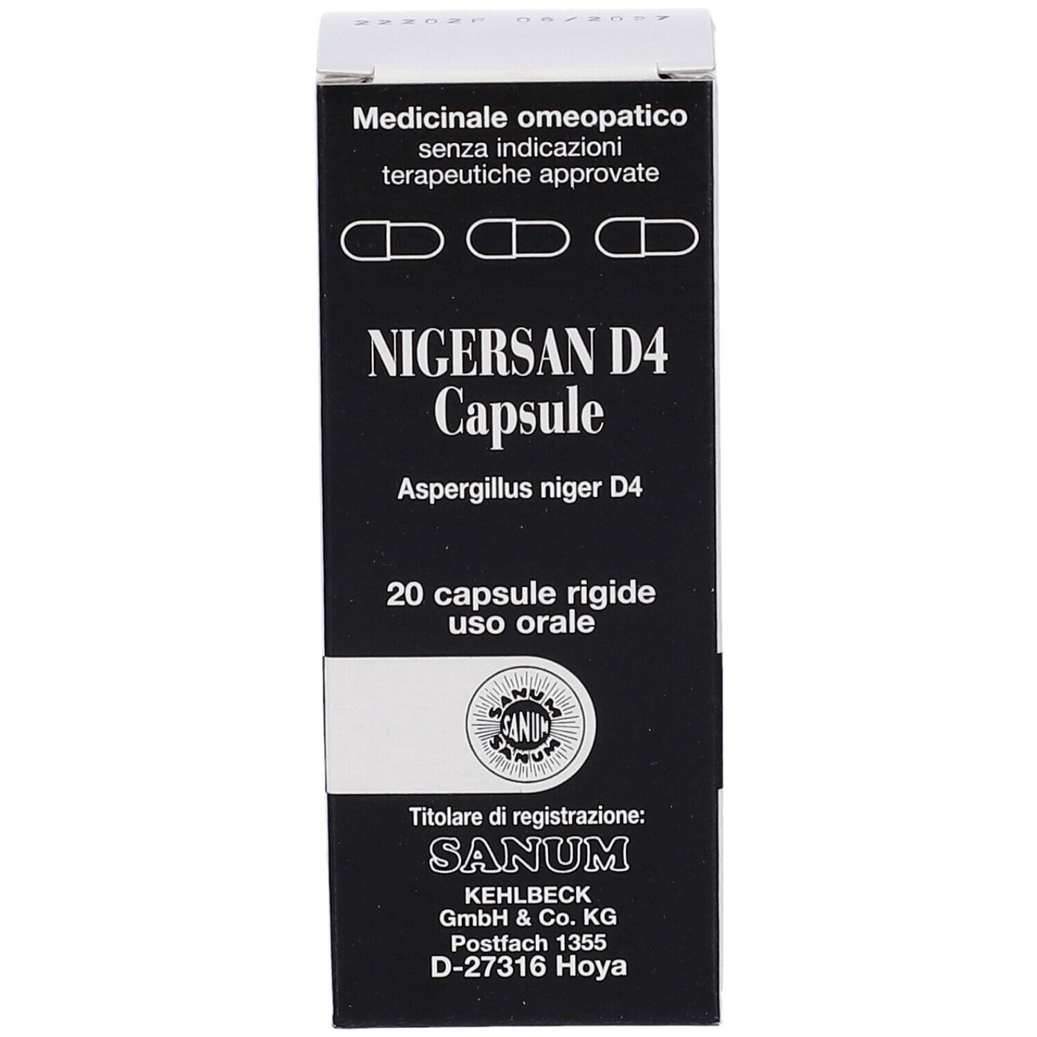 Scatola "Nigersan D4 Capsule". 20 capsule. Marchio SANUM. Scritta nera su sfondo bianco.