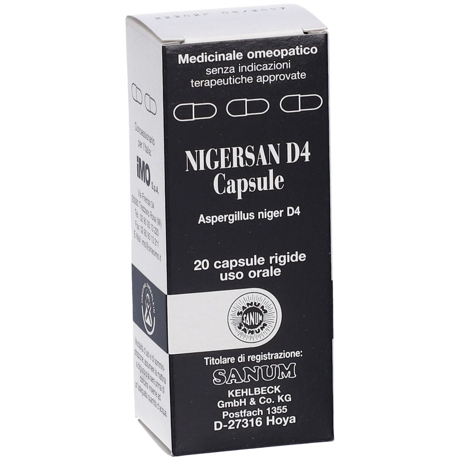 Scatola "Nigersan D4 Capsule". 20 capsule. Marchio SANUM. Scritta nera su sfondo bianco.