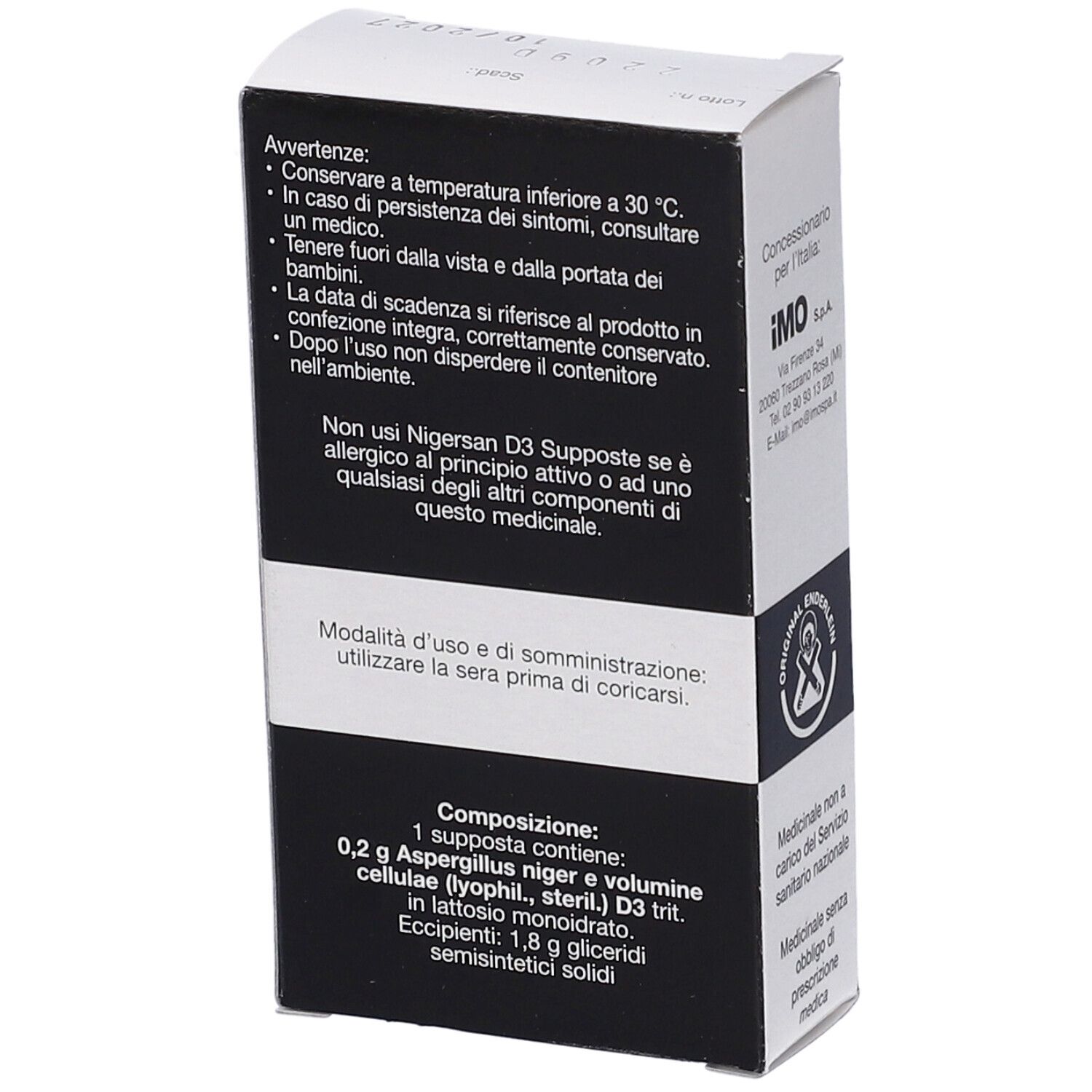 Retro della scatola Nigersan D3 Supposte. Testo: Composizione, uso, avvertenze. Sfondo bianco e nero.