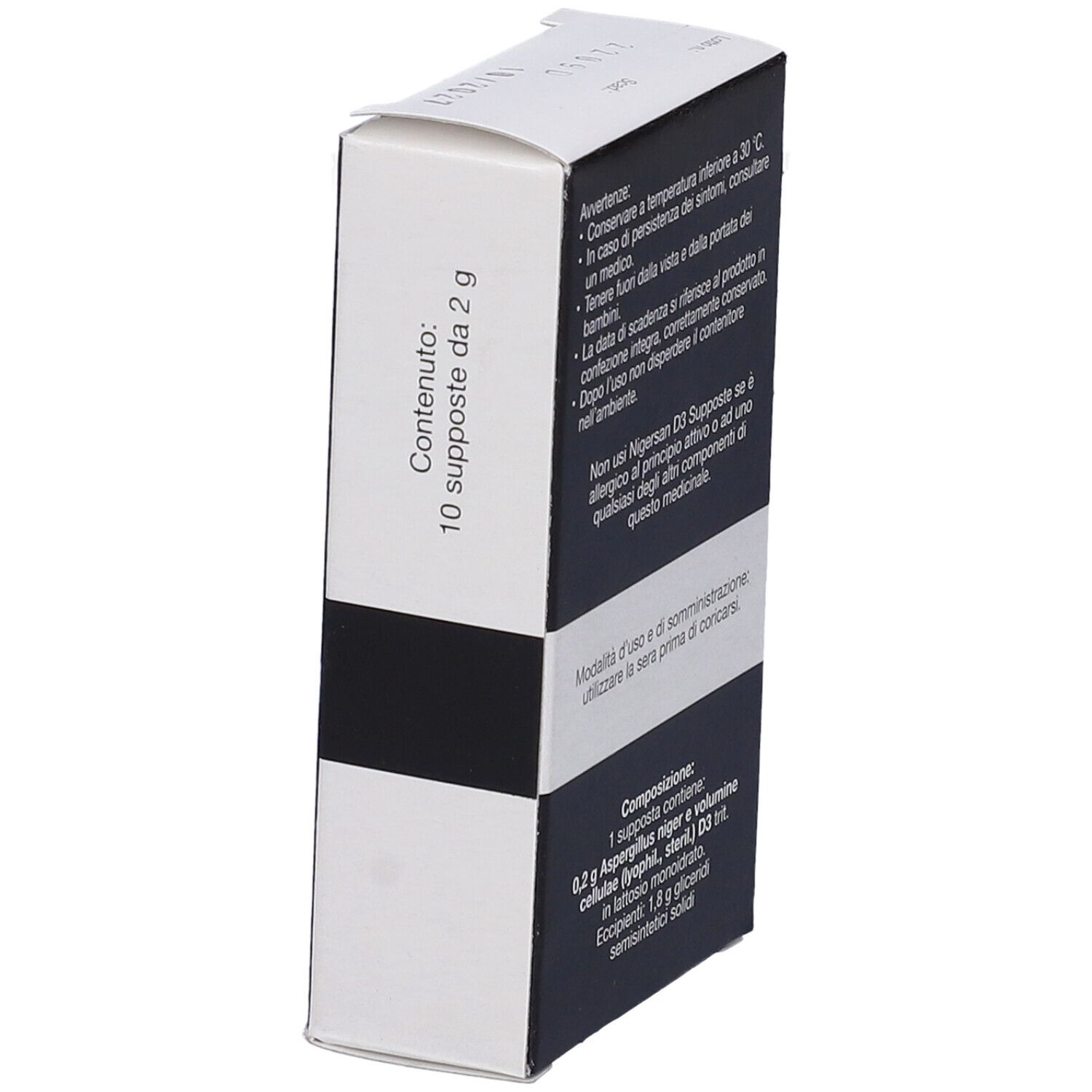 Scatola Nigersan D3 Supposte. Testo: Contenuto: 10 supposte. Sfondo bianco e nero.